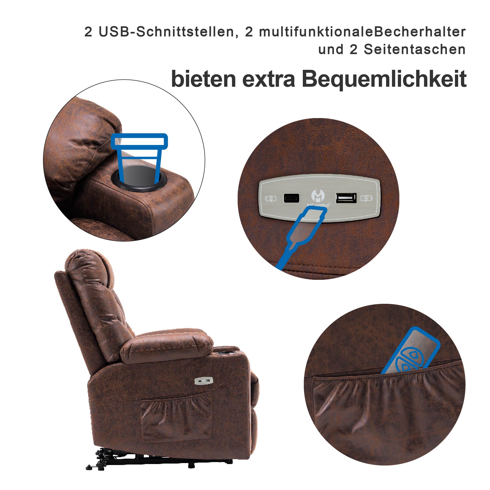 MCombo Poltrona reclinabile elettrica per TV con sollevamento assistito, poltrona reclinabile con sollevamento assistito, poltrona reclinabile per TV con funzione reclinabile fino a 140°, poltrona per anziani per soggiorno, con USB 7286