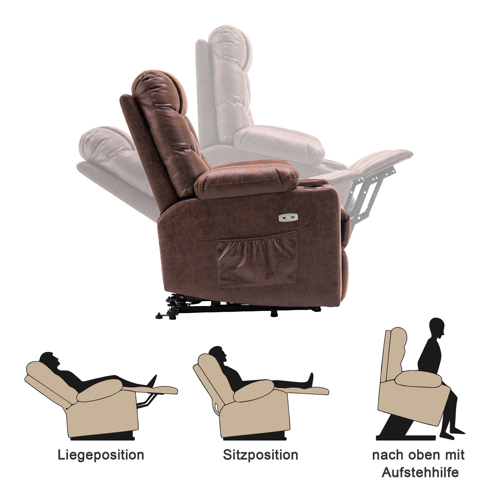 MCombo Poltrona reclinabile elettrica per TV con sollevamento assistito, poltrona reclinabile con sollevamento assistito, poltrona reclinabile per TV con funzione reclinabile fino a 140°, poltrona per anziani per soggiorno, con USB 7286