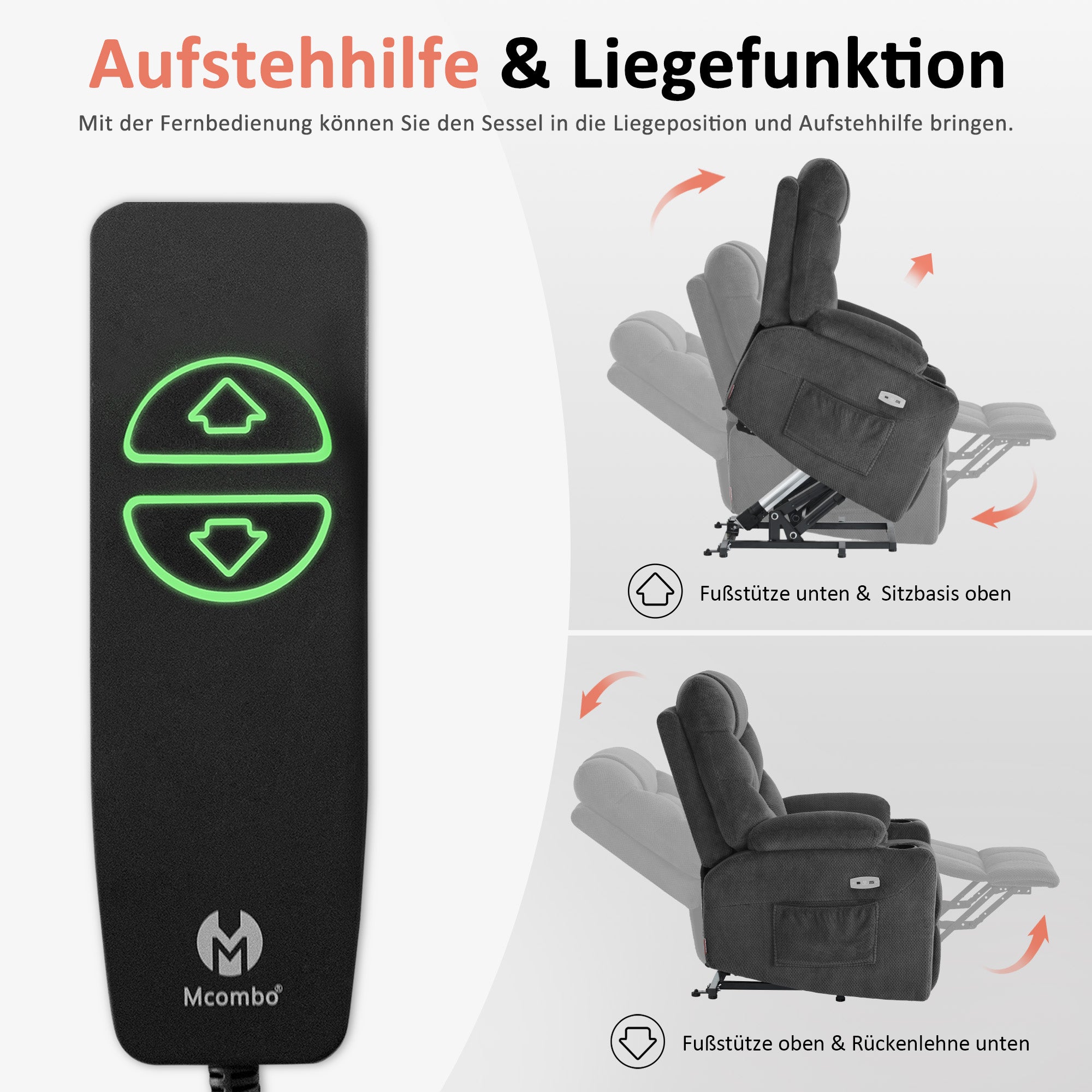 MCombo Poltrona reclinabile elettrica per TV con sollevamento assistito, poltrona reclinabile con sollevamento assistito, poltrona reclinabile per TV con funzione reclinabile fino a 140°, poltrona per anziani per soggiorno, con USB 7286