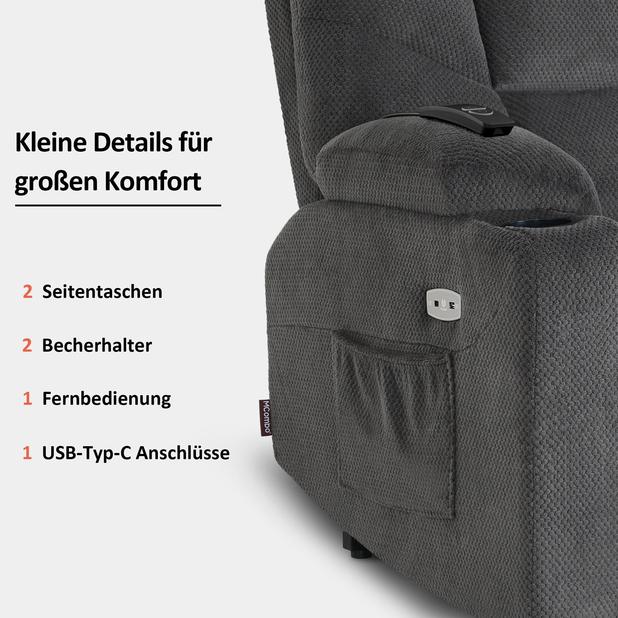 MCombo Poltrona reclinabile elettrica per TV con sollevamento assistito, poltrona reclinabile con sollevamento assistito, poltrona reclinabile per TV con funzione reclinabile fino a 140°, poltrona per anziani per soggiorno, con USB 7286