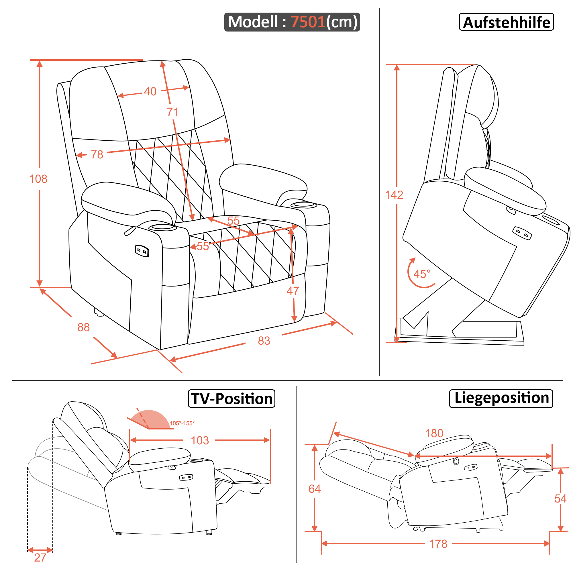 MCombo Poltrona TV elettrica reclinabile con sollevamento assistito, poltrona reclinabile con funzione reclinabile, schienale e poggiapiedi regolabili separatamente, poltrona per anziani ideale per il soggiorno, tessuto in microfibra, 7501 (grigio scuro)