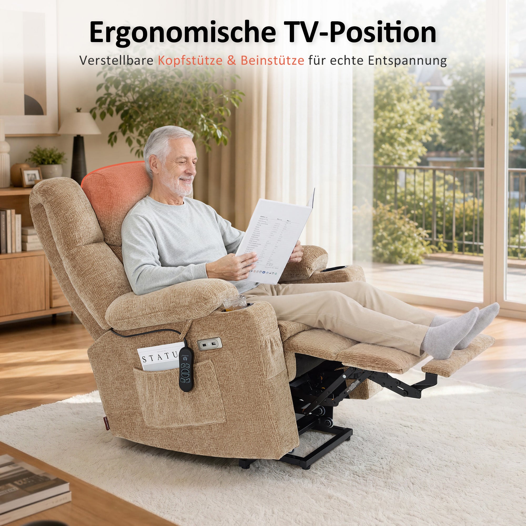 MCombo Poltrona relax elettrica a 3 motori con sistema di sollevamento assistito; schienale, poggiatesta e poggiapiedi regolabili in modo indipendente; inclinazione fino a 165°; cuscino della seduta in schiuma ad alta densità 35D (Modello 7546)