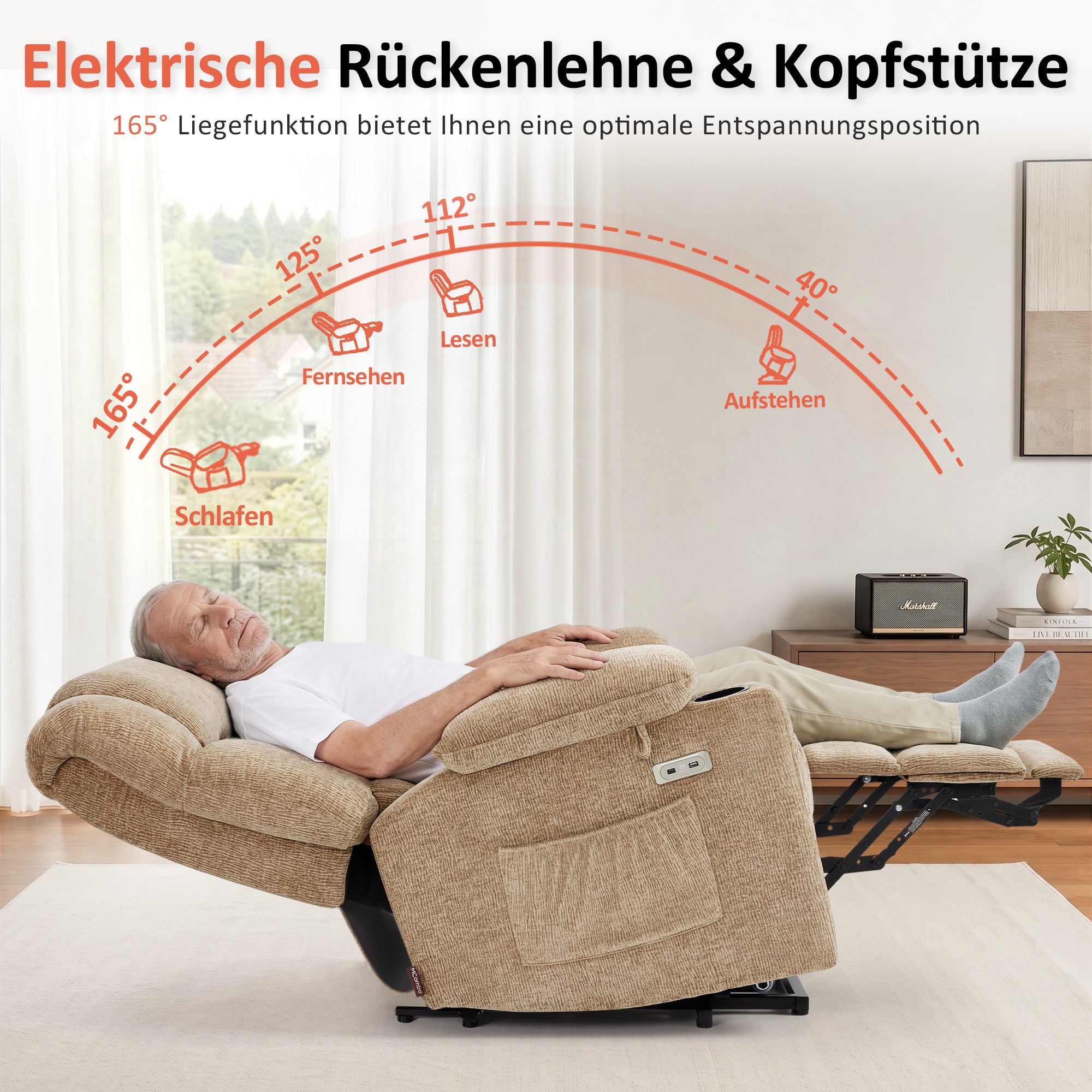 MCombo Poltrona relax elettrica a 3 motori con sistema di sollevamento assistito; schienale, poggiatesta e poggiapiedi regolabili in modo indipendente; inclinazione fino a 165°; cuscino della seduta in schiuma ad alta densità 35D (Modello 7546)