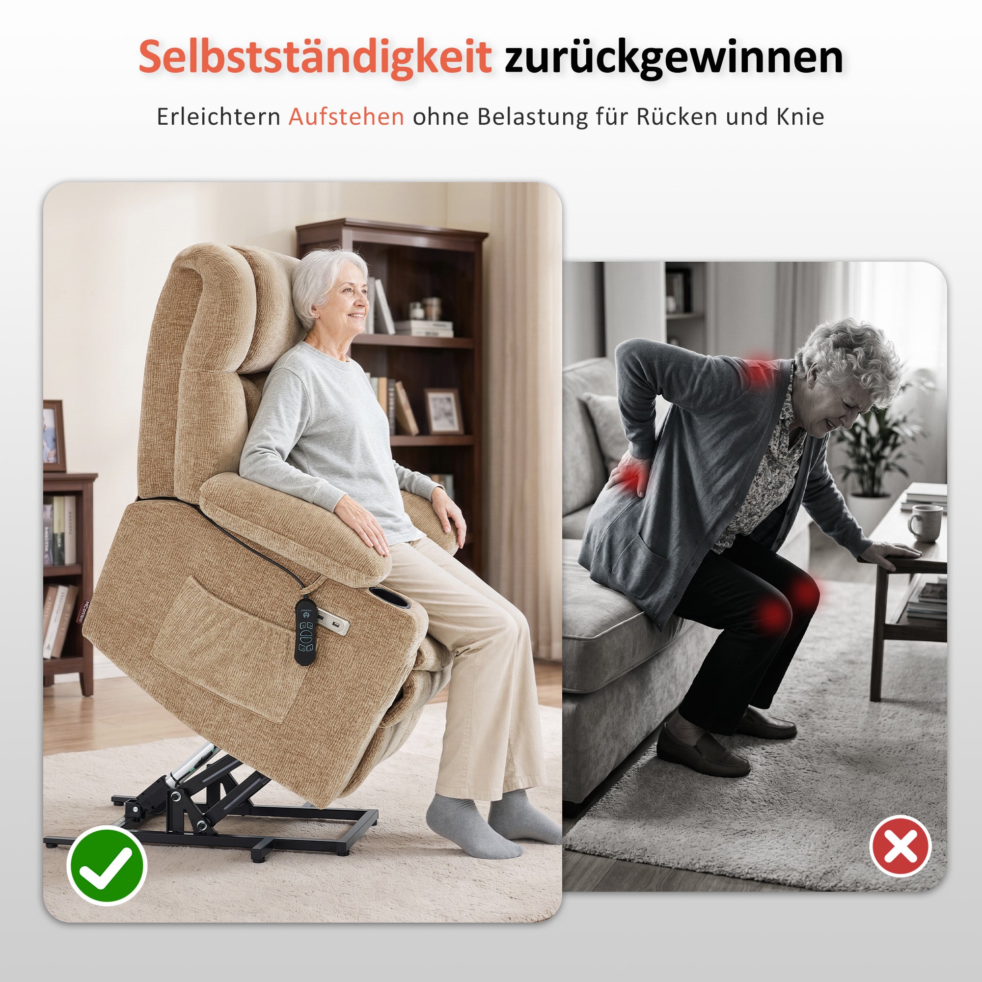 MCombo Poltrona relax elettrica a 3 motori con sistema di sollevamento assistito; schienale, poggiatesta e poggiapiedi regolabili in modo indipendente; inclinazione fino a 165°; cuscino della seduta in schiuma ad alta densità 35D (Modello 7546)