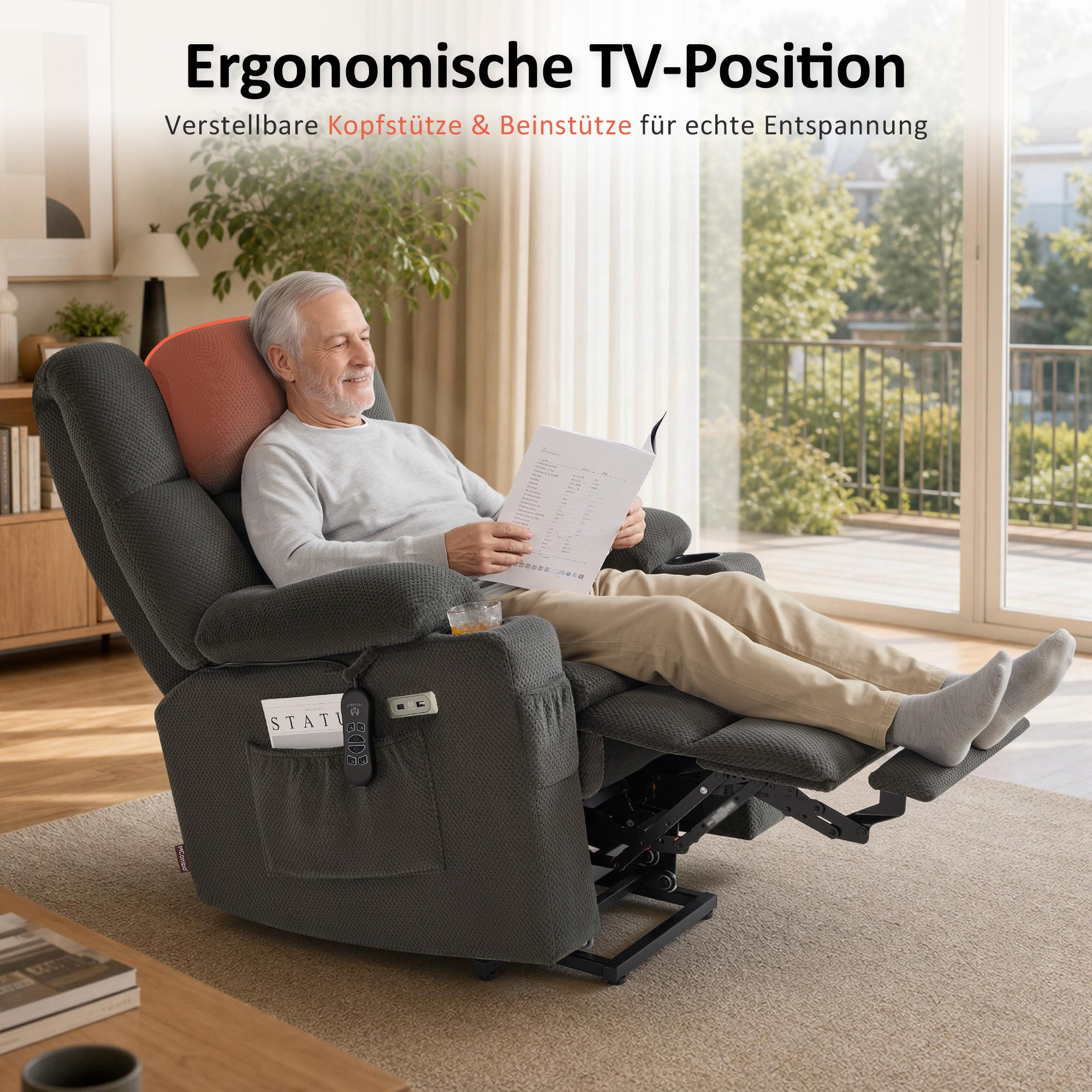 MCombo Poltrona relax elettrica a 3 motori con sistema di sollevamento assistito; schienale, poggiatesta e poggiapiedi regolabili in modo indipendente; inclinazione fino a 165°; cuscino della seduta in schiuma ad alta densità 35D (Modello 7546)