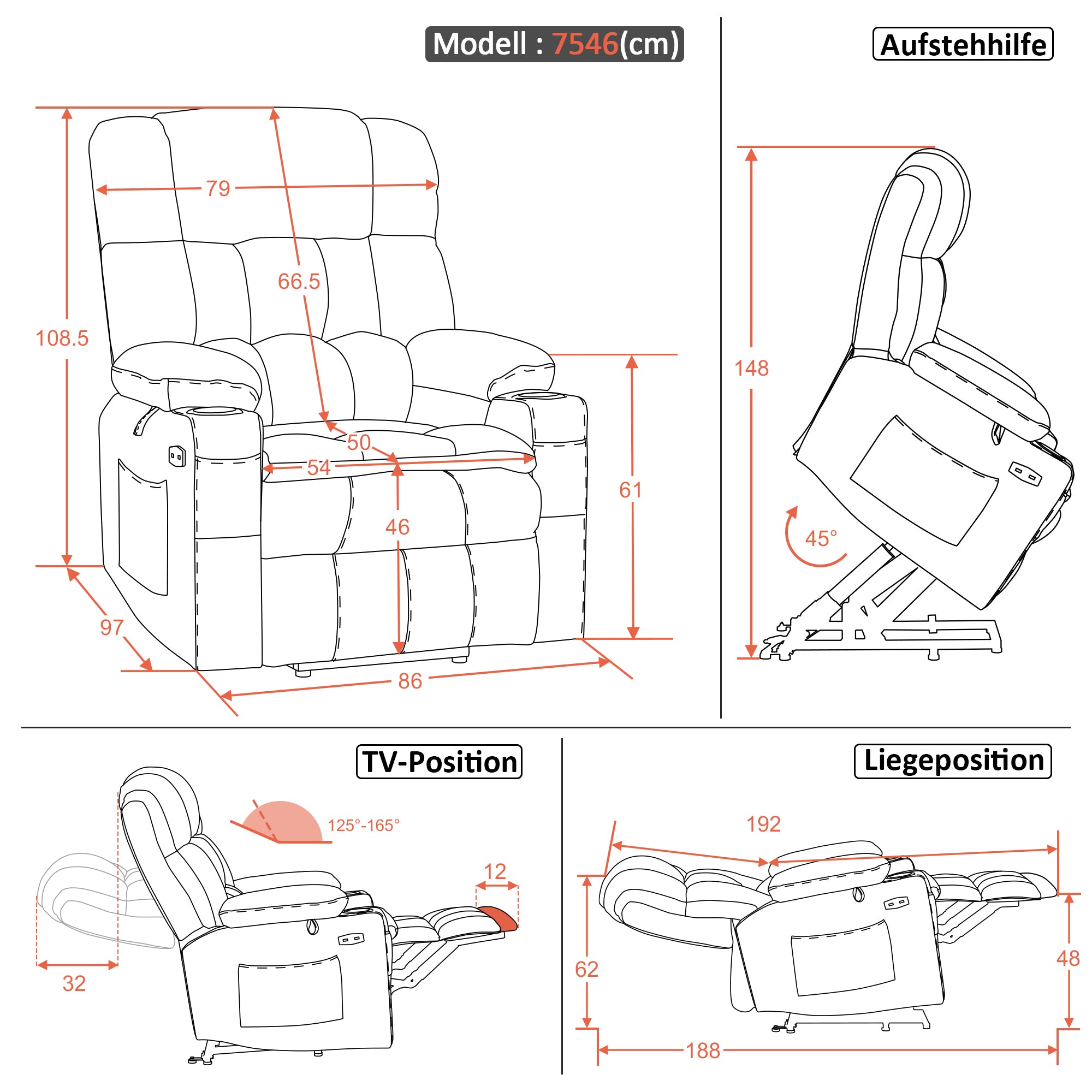 MCombo Poltrona relax elettrica a 3 motori con sistema di sollevamento assistito; schienale, poggiatesta e poggiapiedi regolabili in modo indipendente; inclinazione fino a 165°; cuscino della seduta in schiuma ad alta densità 35D (Modello 7546)