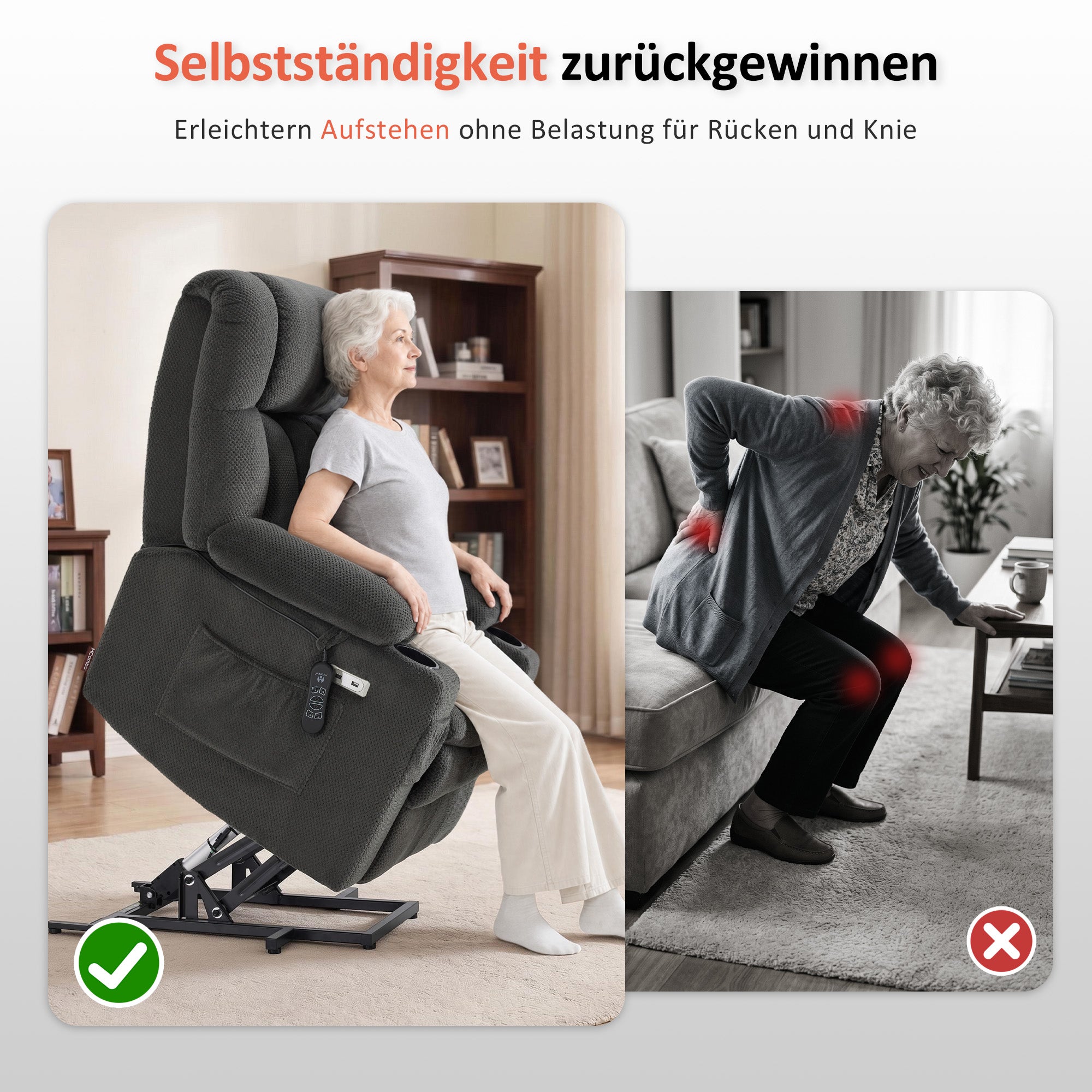 MCombo Poltrona relax elettrica a 3 motori con sistema di sollevamento assistito; schienale, poggiatesta e poggiapiedi regolabili in modo indipendente; inclinazione fino a 165°; cuscino della seduta in schiuma ad alta densità 35D (Modello 7546)