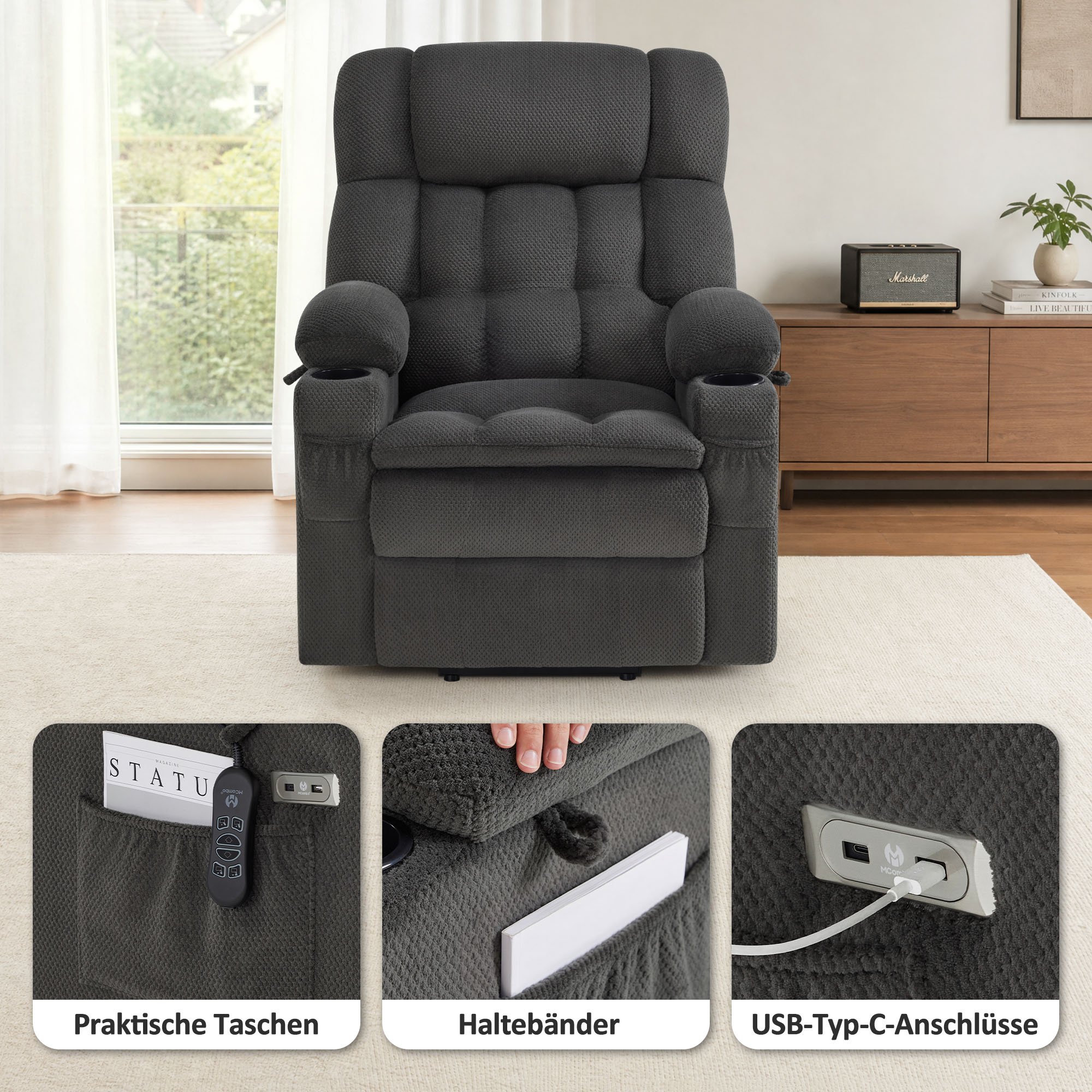 MCombo Poltrona relax elettrica a 3 motori con sistema di sollevamento assistito; schienale, poggiatesta e poggiapiedi regolabili in modo indipendente; inclinazione fino a 165°; cuscino della seduta in schiuma ad alta densità 35D (Modello 7546)