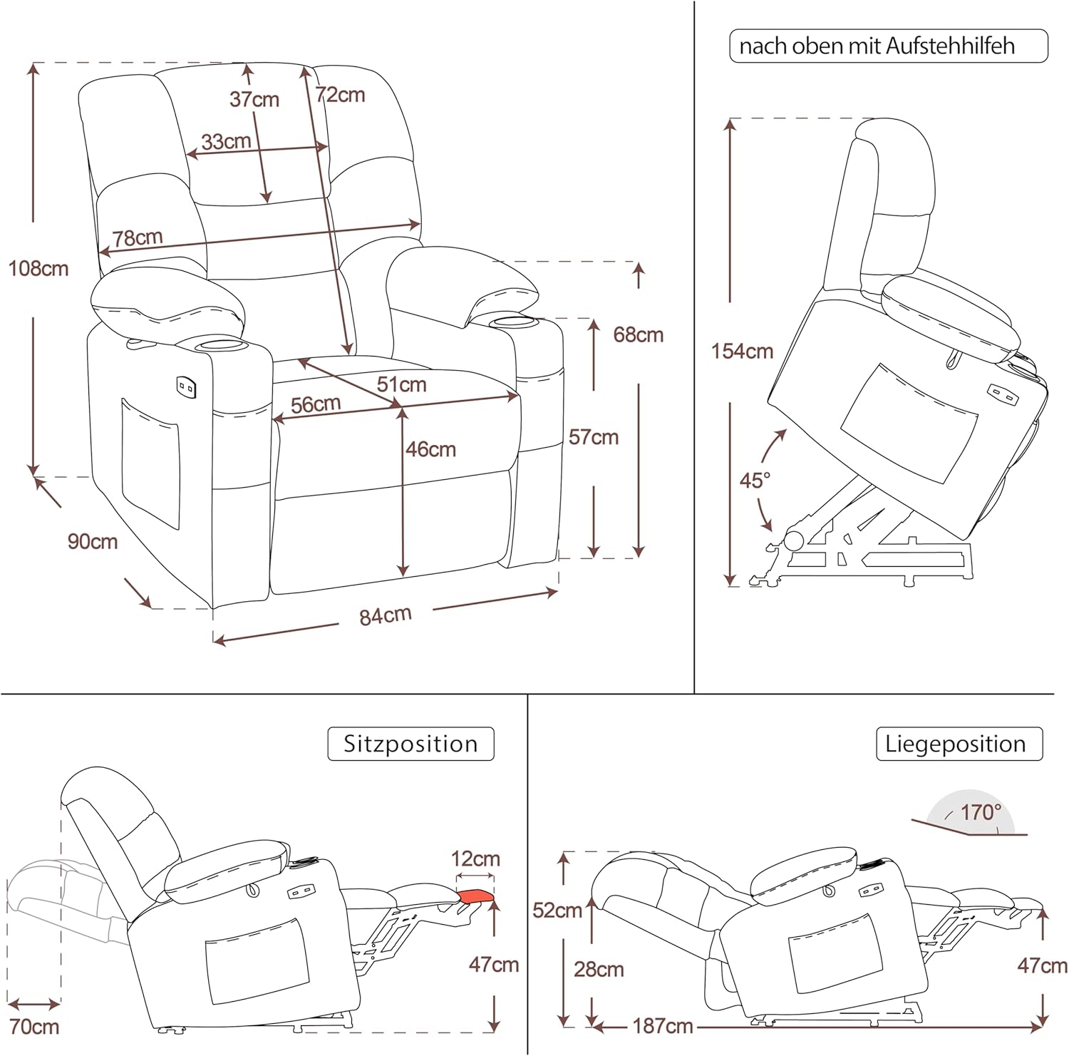MCombo Poltrona relax elettrica con funzione di sollevamento 7550, dotata di 3 motori a regolazione indipendente, inclinazione fino a 170°, poggiapiedi esteso e porta USB; ideale per il soggiorno di anziani.