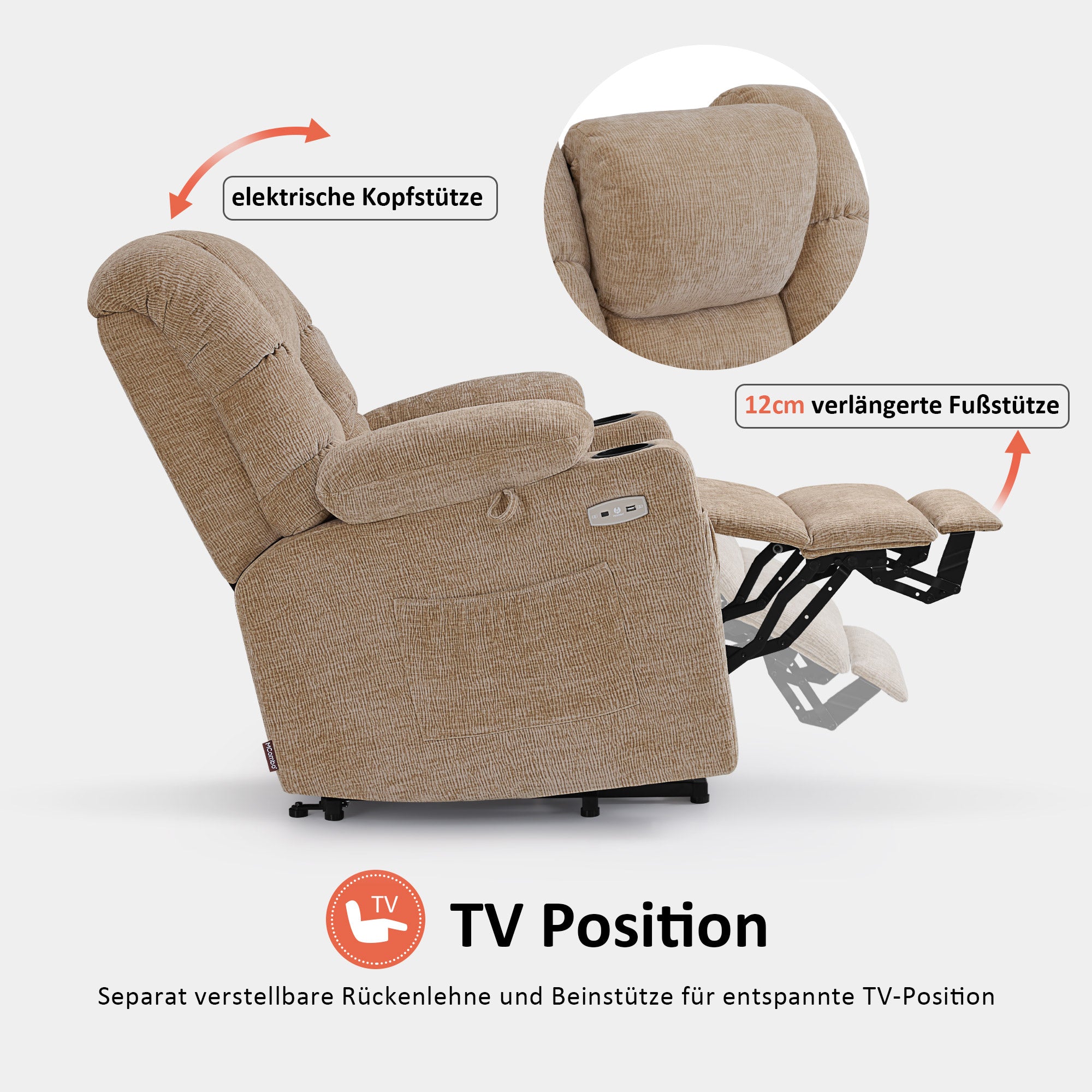 MCombo Poltrona relax elettrica con funzione di sollevamento 7550, dotata di 3 motori a regolazione indipendente, inclinazione fino a 170°, poggiapiedi esteso e porta USB; ideale per il soggiorno di anziani.