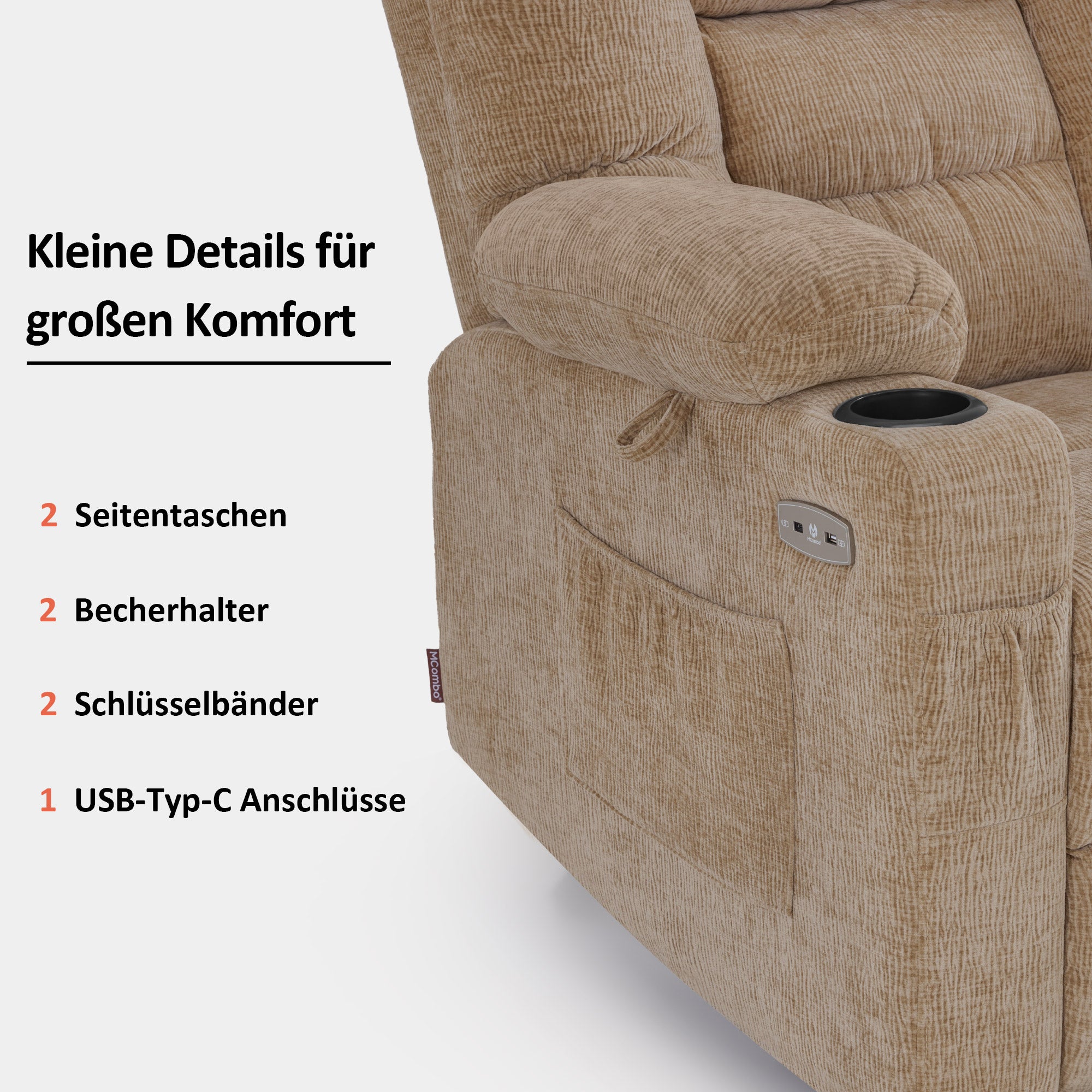 MCombo Poltrona relax elettrica con funzione di sollevamento 7550, dotata di 3 motori a regolazione indipendente, inclinazione fino a 170°, poggiapiedi esteso e porta USB; ideale per il soggiorno di anziani.
