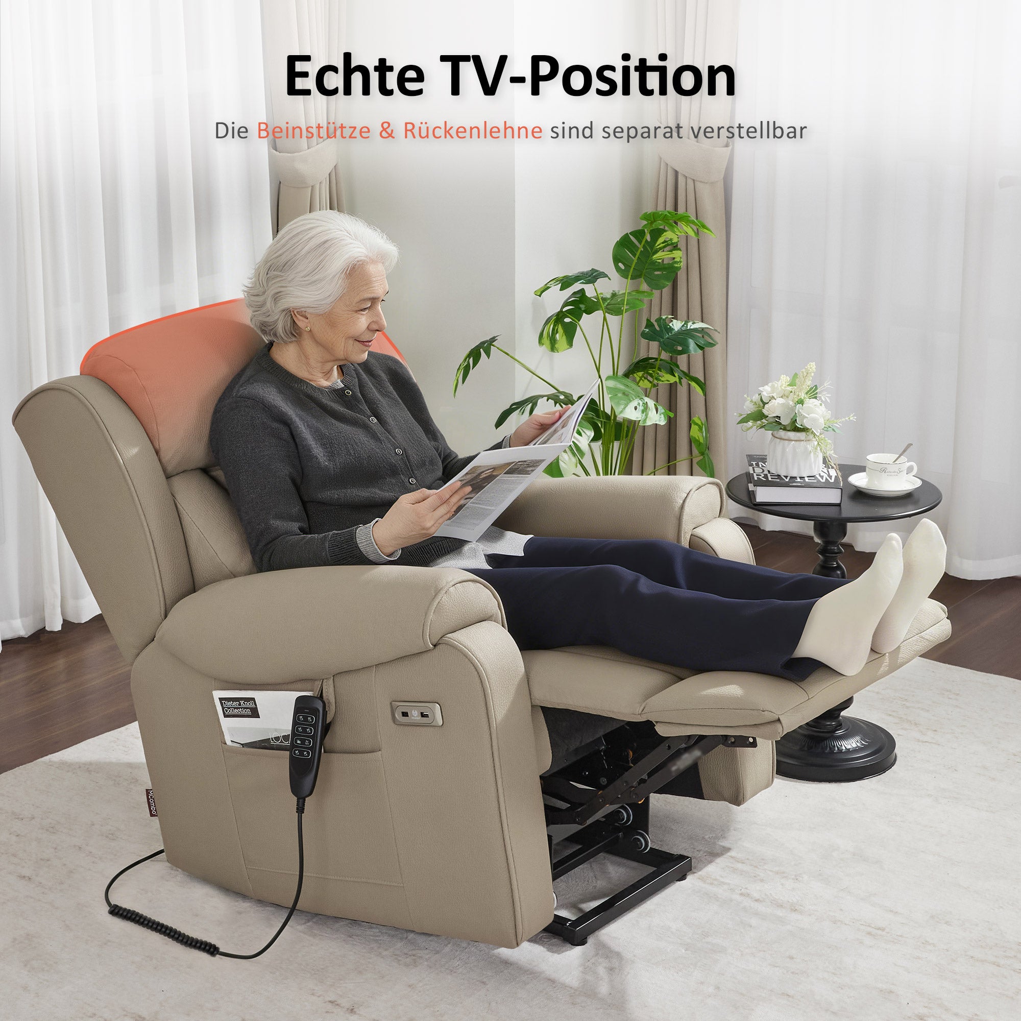 M MCombo 4-Motoren-Fernsehsessel met Opstahulp Elektrisch, Elektrische Lenden- & Hoofdkussen 165° Zero-Gravity Stoel met Opstahulp, Massage & Verwarming 7558