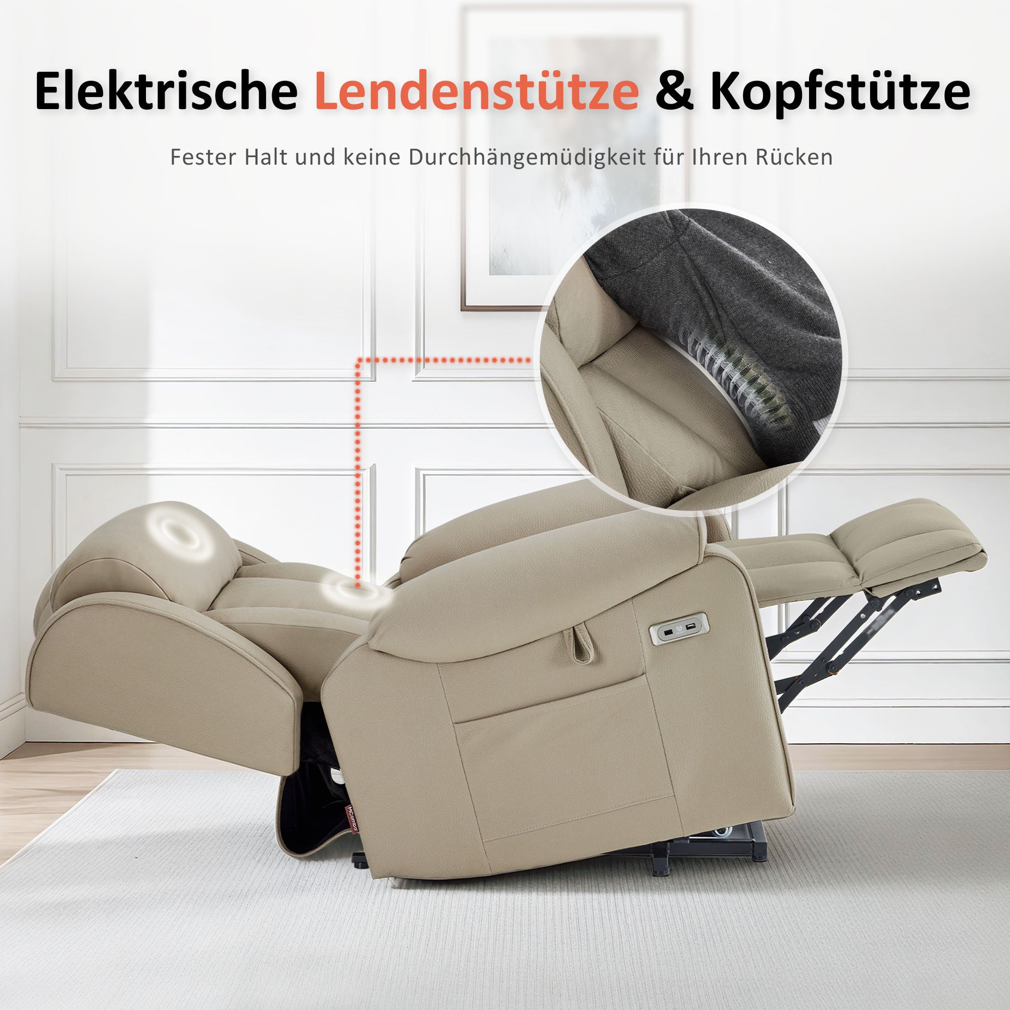 M MCombo 4-Motoren-Fernsehsessel met Opstahulp Elektrisch, Elektrische Lenden- & Hoofdkussen 165° Zero-Gravity Stoel met Opstahulp, Massage & Verwarming 7558