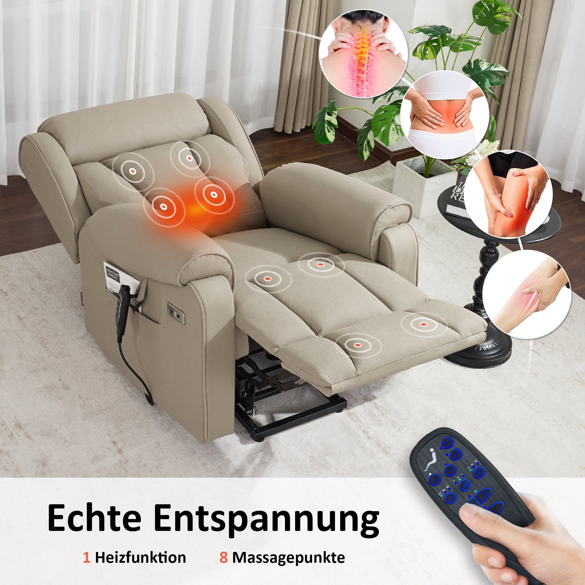 M MCombo 4-Motoren-Fernsehsessel met Opstahulp Elektrisch, Elektrische Lenden- & Hoofdkussen 165° Zero-Gravity Stoel met Opstahulp, Massage & Verwarming 7558