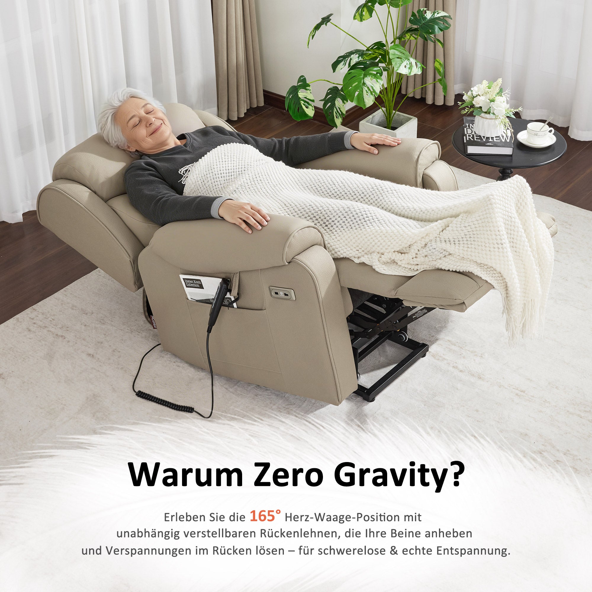 M MCombo 4-Motoren-Fernsehsessel met Opstahulp Elektrisch, Elektrische Lenden- & Hoofdkussen 165° Zero-Gravity Stoel met Opstahulp, Massage & Verwarming 7558