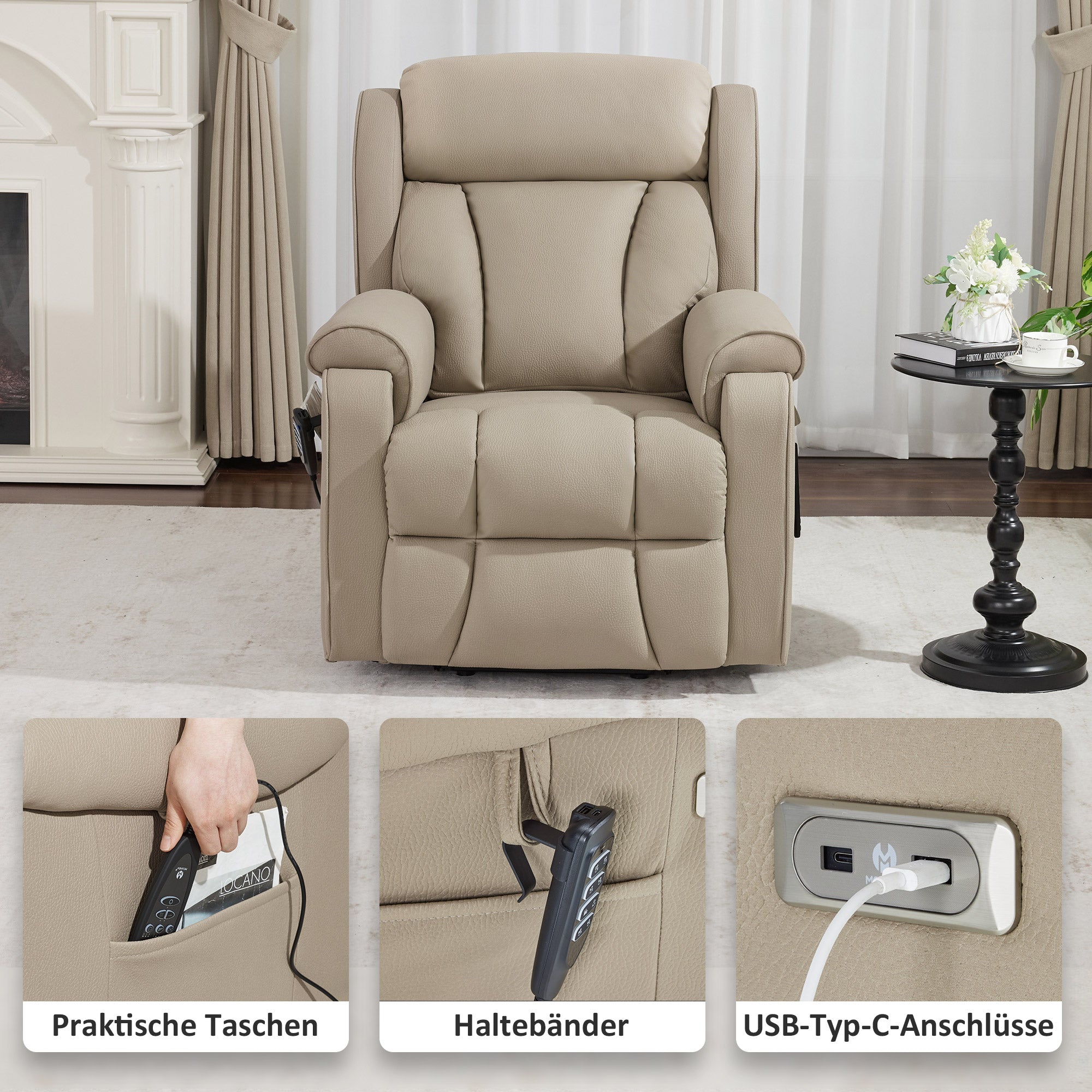 M MCombo 4-Motoren-Fernsehsessel met Opstahulp Elektrisch, Elektrische Lenden- & Hoofdkussen 165° Zero-Gravity Stoel met Opstahulp, Massage & Verwarming 7558