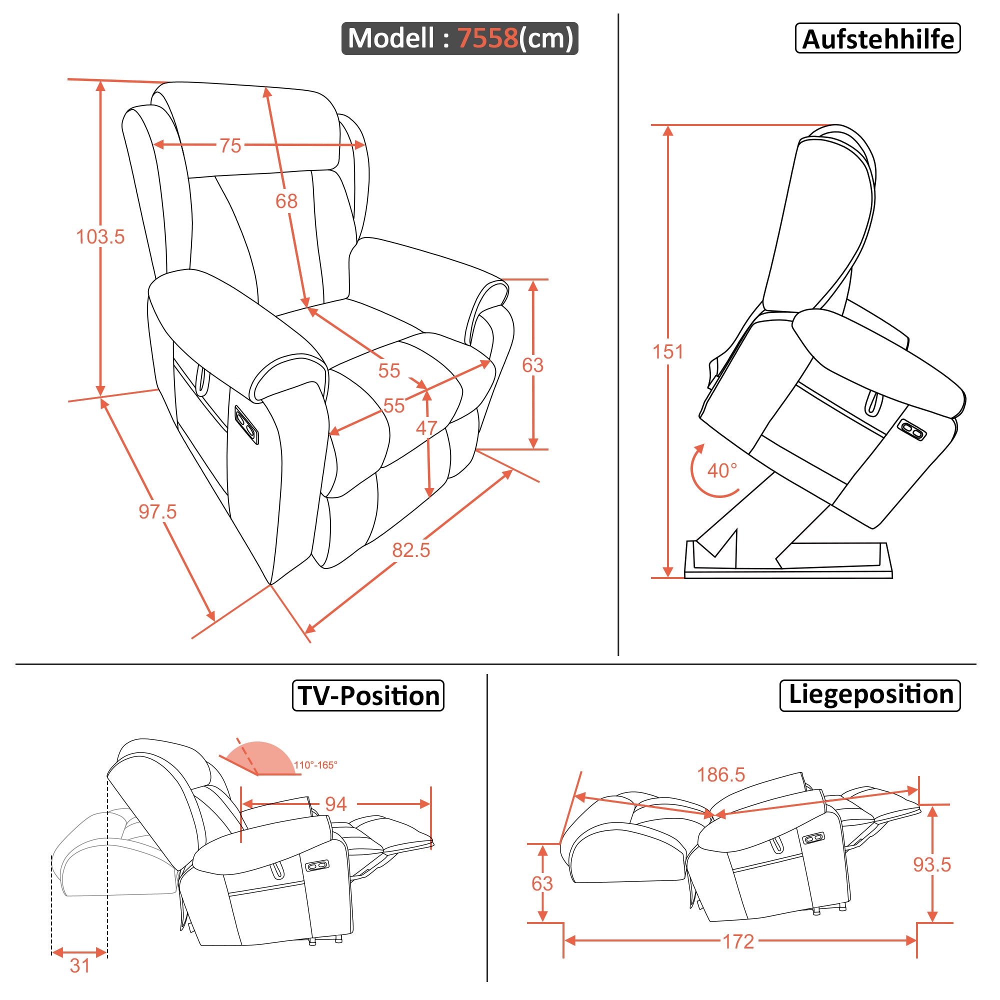 M MCombo 4-Motoren-Fernsehsessel met Opstahulp Elektrisch, Elektrische Lenden- & Hoofdkussen 165° Zero-Gravity Stoel met Opstahulp, Massage & Verwarming 7558