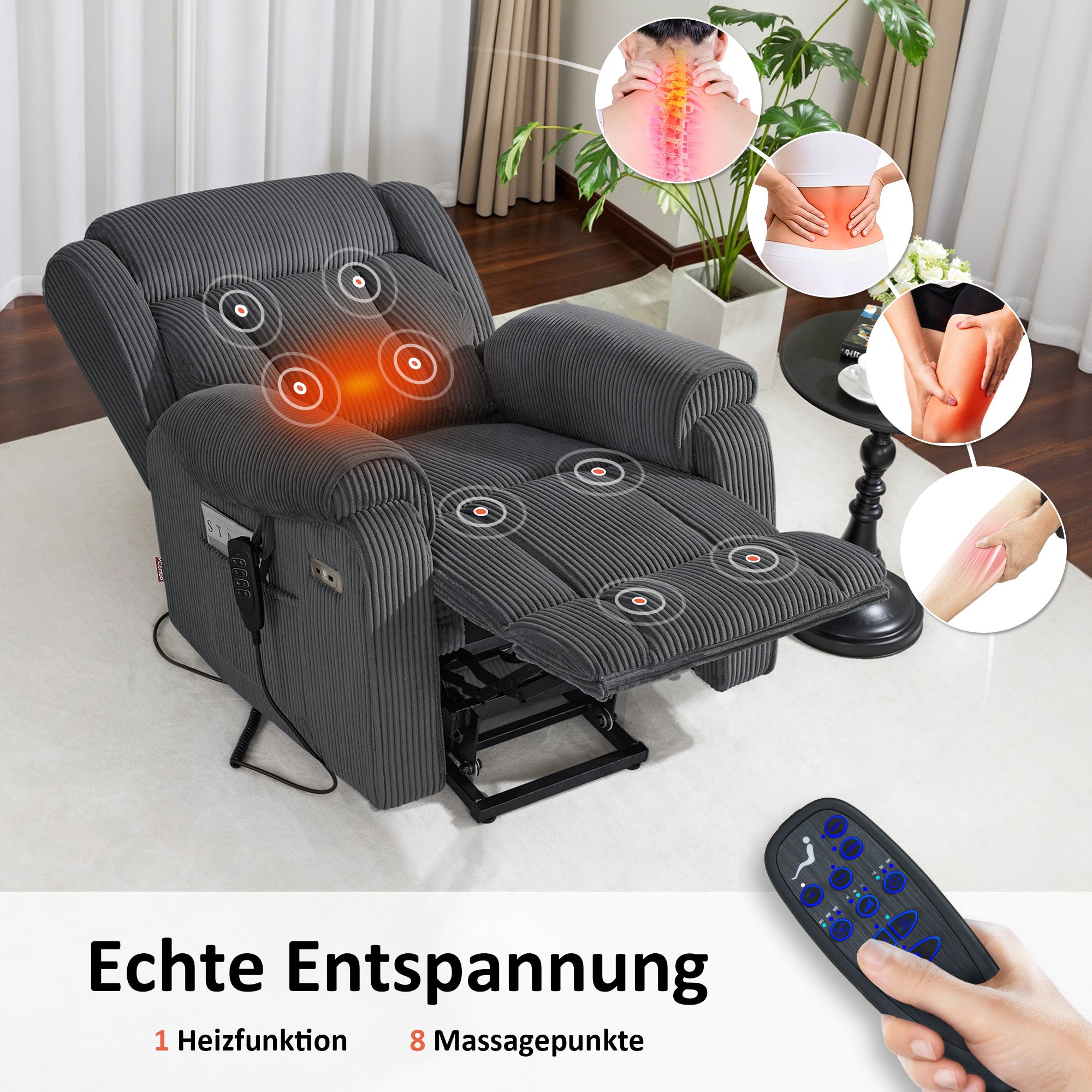 M MCombo 4-Motoren-Fernsehsessel met Opstahulp Elektrisch, Elektrische Lenden- & Hoofdkussen 165° Zero-Gravity Stoel met Opstahulp, Massage & Verwarming 7558