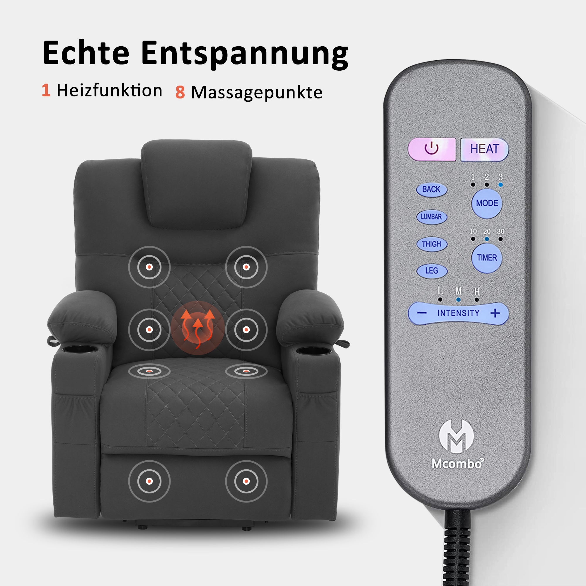 MCombo  Poltrona TV elettrica reclinabile con funzione di sollevamento, reclinabile con funzione orizzontale, poltrona massaggiante con funzione riscaldante, 2 motori, poltrona ergonomica per soggiorno, tessuto in microfibra, 7565