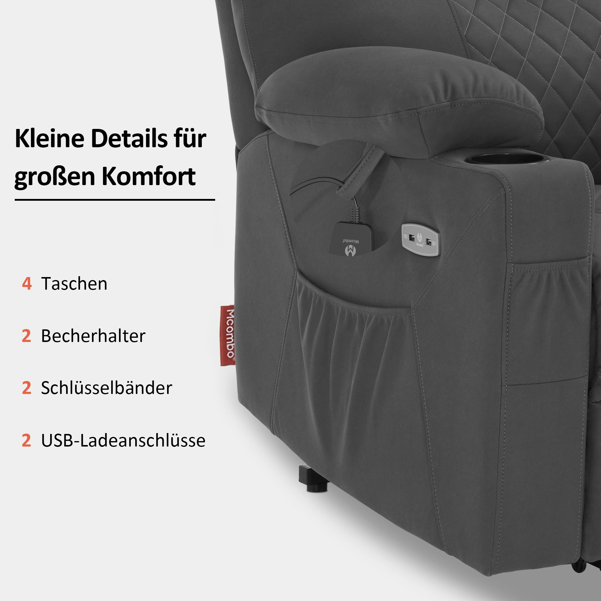 MCombo  Poltrona TV elettrica reclinabile con funzione di sollevamento, reclinabile con funzione orizzontale, poltrona massaggiante con funzione riscaldante, 2 motori, poltrona ergonomica per soggiorno, tessuto in microfibra, 7565