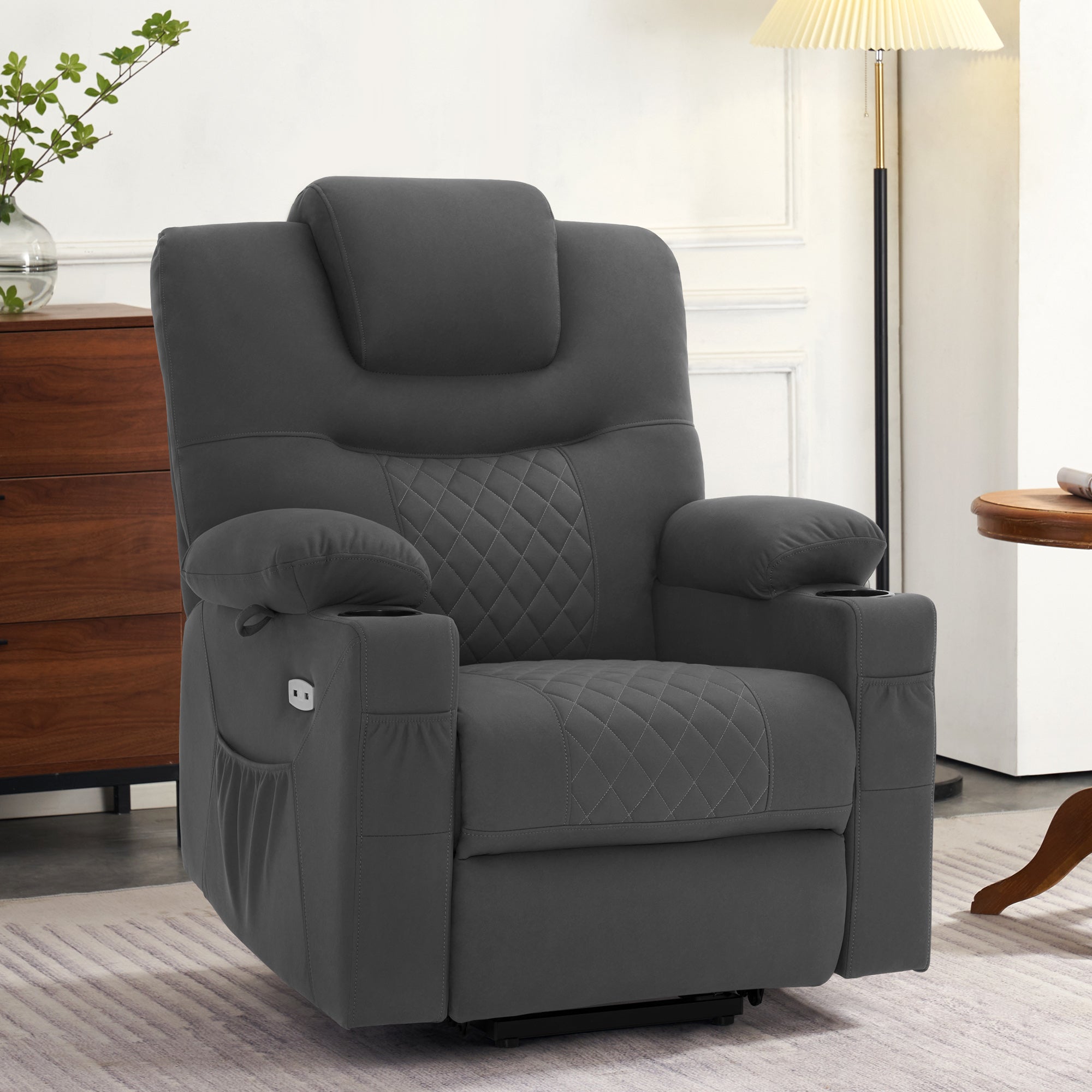 MCombo  Poltrona TV elettrica reclinabile con funzione di sollevamento, reclinabile con funzione orizzontale, poltrona massaggiante con funzione riscaldante, 2 motori, poltrona ergonomica per soggiorno, tessuto in microfibra, 7565
