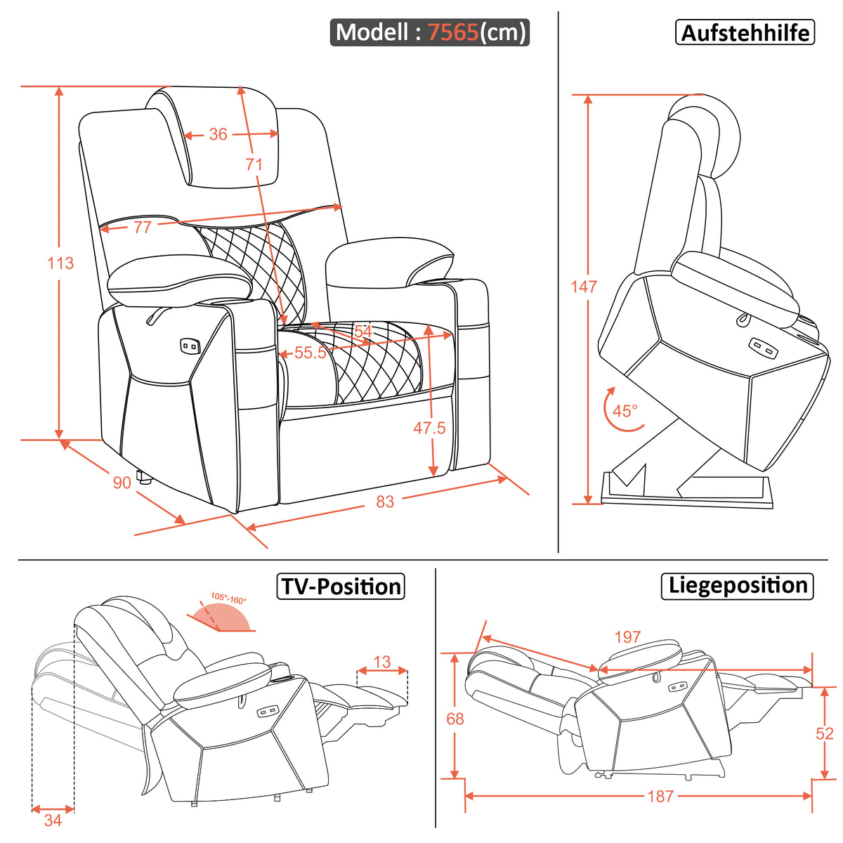 MCombo Sillón reclinable eléctrico con elevador, función de reclinación, masaje y calefacción, 2 motores, ideal para personas mayores en la sala de estar, tapizado en microfibra, 7565