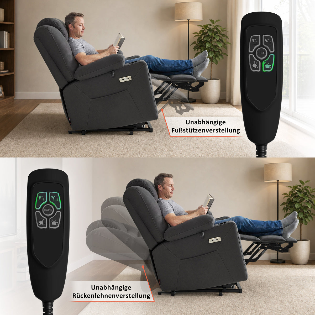 MCombo Sillón reclinable eléctrico con elevador, función de reclinación, masaje y calefacción, 2 motores, ideal para personas mayores en la sala de estar, tapizado en microfibra, 7565