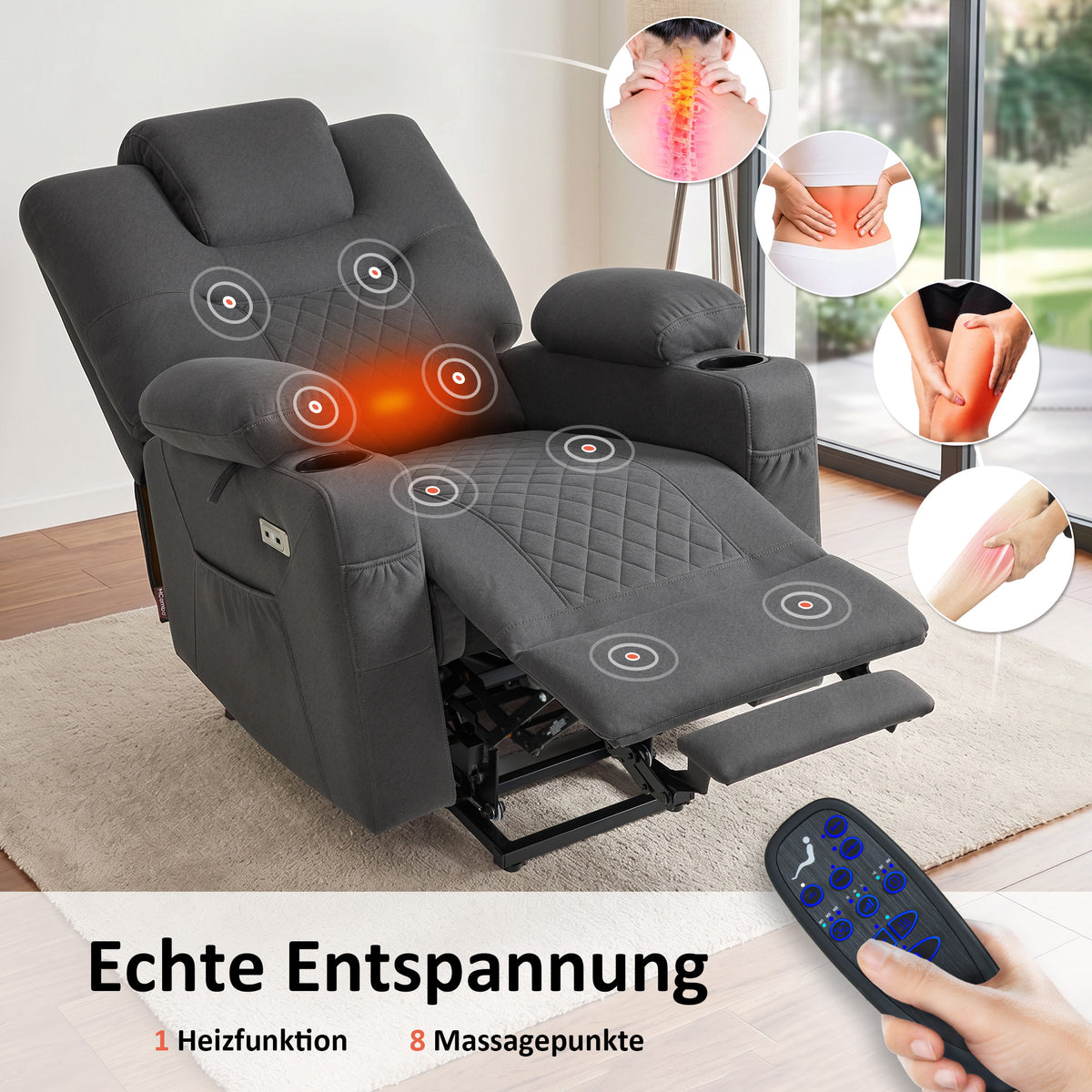 MCombo Sillón reclinable eléctrico con elevador, función de reclinación, masaje y calefacción, 2 motores, ideal para personas mayores en la sala de estar, tapizado en microfibra, 7565