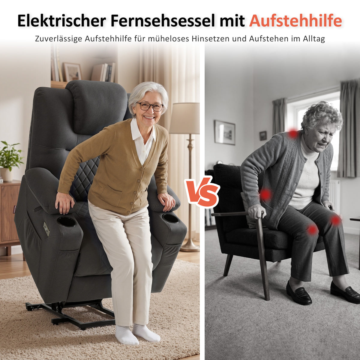 MCombo Sillón reclinable eléctrico con elevador, función de reclinación, masaje y calefacción, 2 motores, ideal para personas mayores en la sala de estar, tapizado en microfibra, 7565