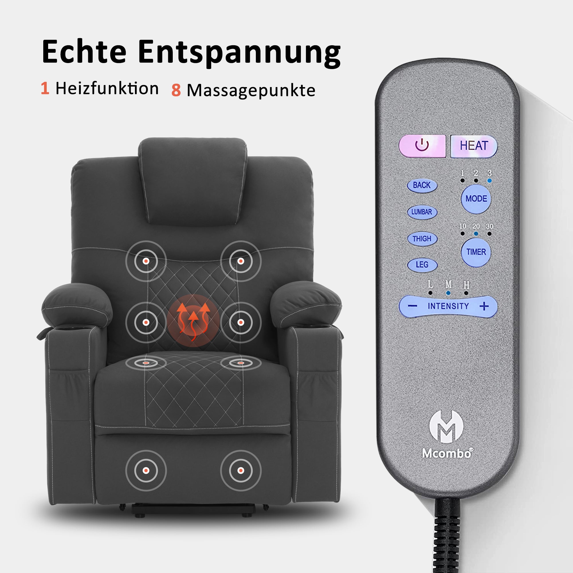 MCombo  Poltrona TV elettrica reclinabile con funzione di sollevamento, reclinabile con funzione orizzontale, poltrona massaggiante con funzione riscaldante, 2 motori, poltrona ergonomica per soggiorno, tessuto in microfibra, 7565