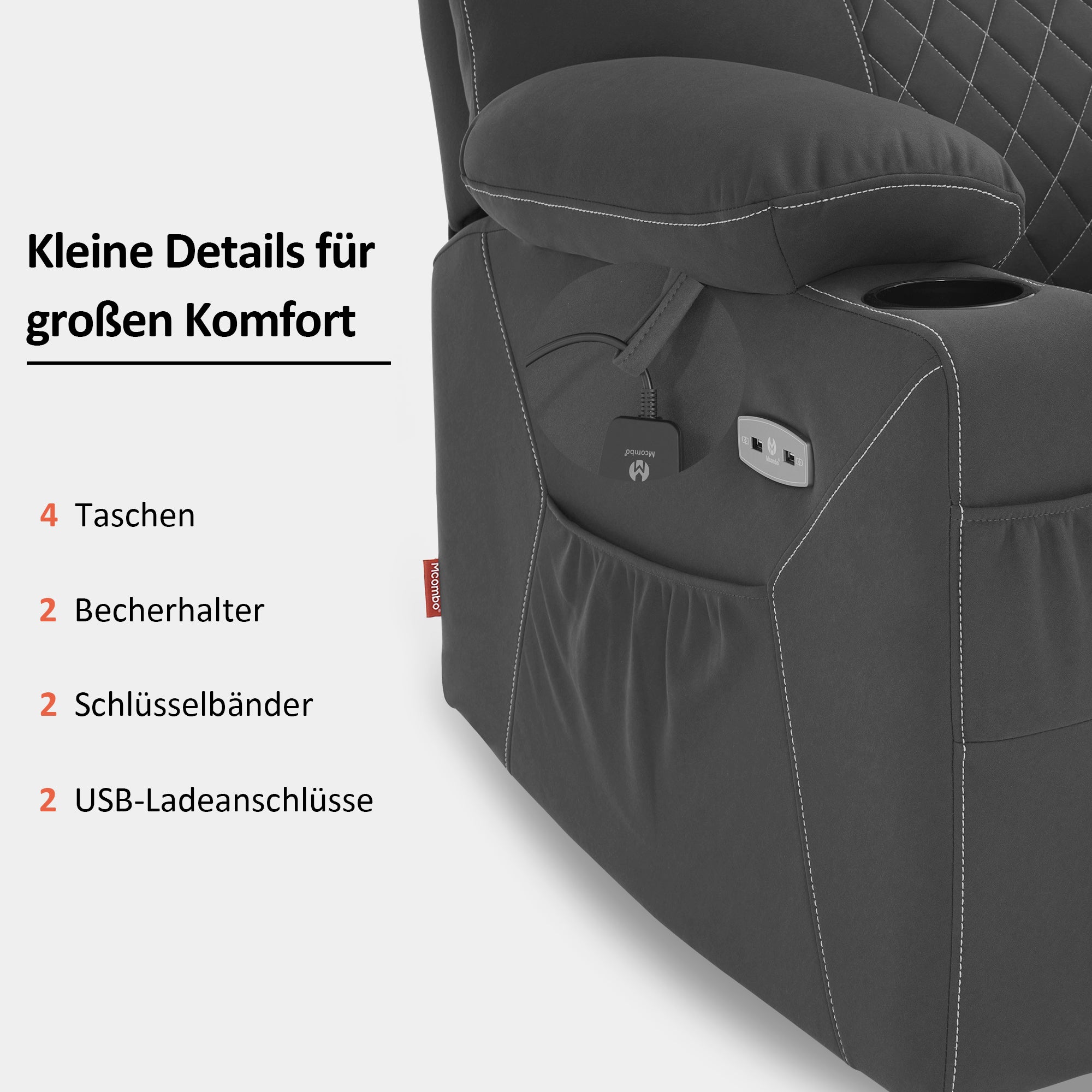 MCombo  Poltrona TV elettrica reclinabile con funzione di sollevamento, reclinabile con funzione orizzontale, poltrona massaggiante con funzione riscaldante, 2 motori, poltrona ergonomica per soggiorno, tessuto in microfibra, 7565