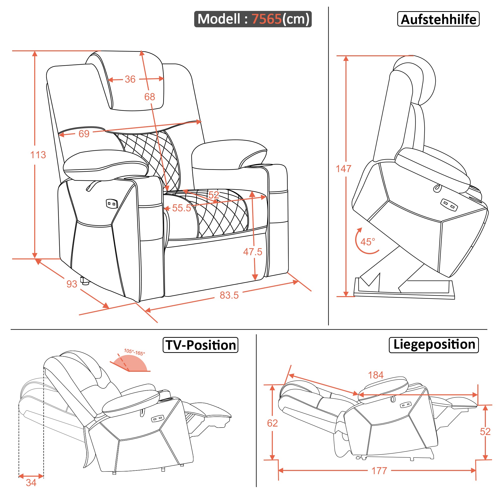MCombo  Poltrona TV elettrica reclinabile con funzione di sollevamento, reclinabile con funzione orizzontale, poltrona massaggiante con funzione riscaldante, 2 motori, poltrona ergonomica per soggiorno, tessuto in microfibra, 7565