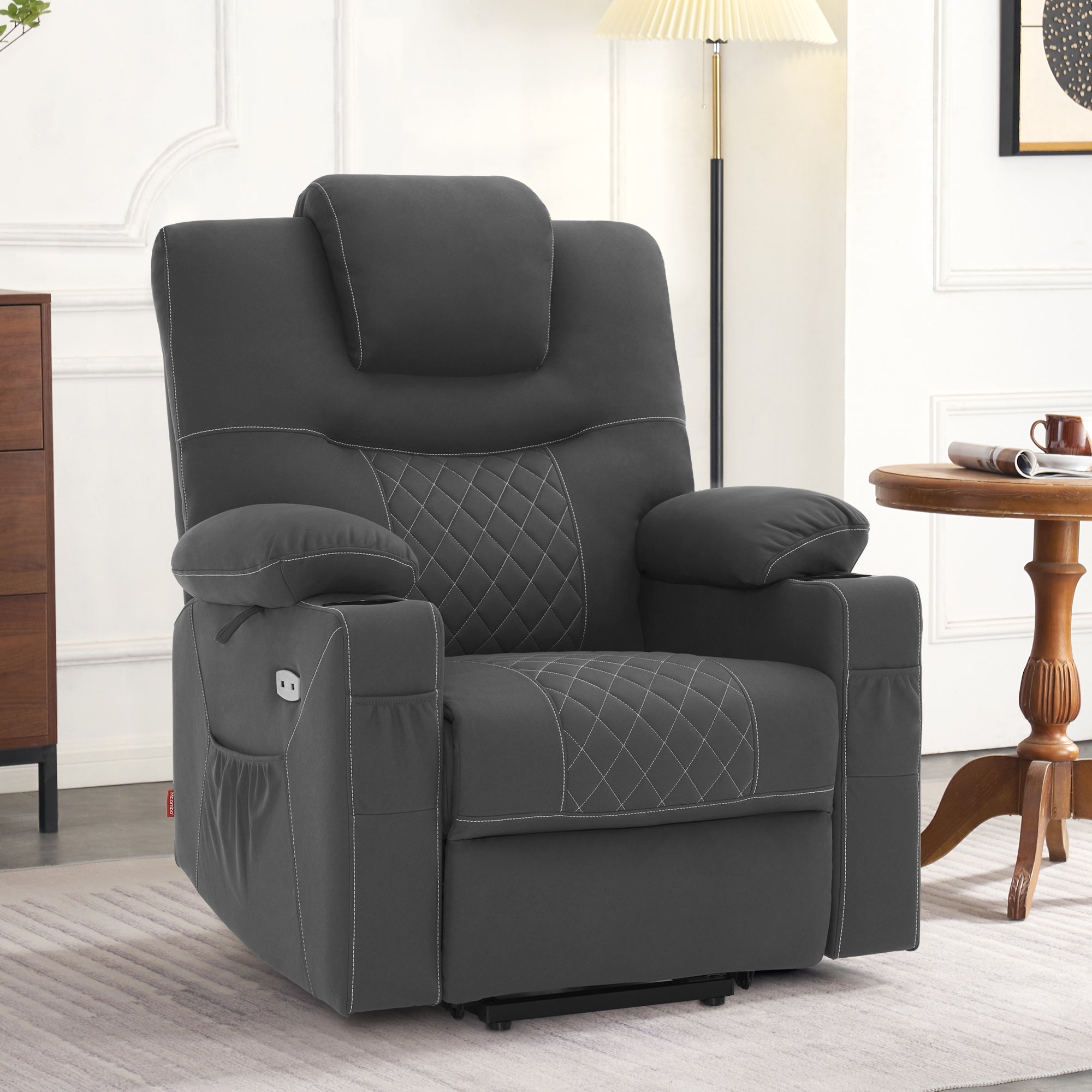 MCombo  Poltrona TV elettrica reclinabile con funzione di sollevamento, reclinabile con funzione orizzontale, poltrona massaggiante con funzione riscaldante, 2 motori, poltrona ergonomica per soggiorno, tessuto in microfibra, 7565