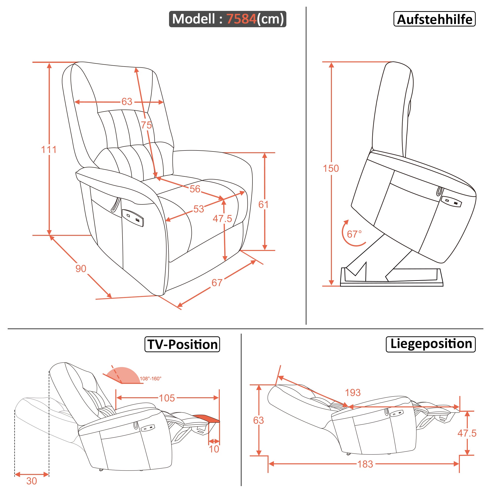 MCombo Poltrona TV elettrica reclinabile con sollevamento assistito, 2 motori, massaggio e riscaldamento, poltrona reclinabile con funzione di sdraiamento fino a 160°, cuscino di seduta in schiuma 7584 (microfibra, grigio)