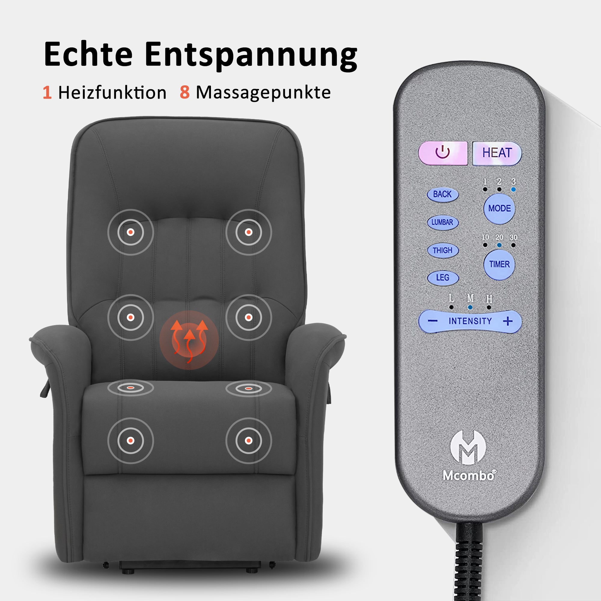 MCombo Poltrona TV elettrica reclinabile con sollevamento assistito, 2 motori, massaggio e riscaldamento, poltrona reclinabile con funzione di sdraiamento fino a 160°, cuscino di seduta in schiuma 7584 (microfibra, grigio)