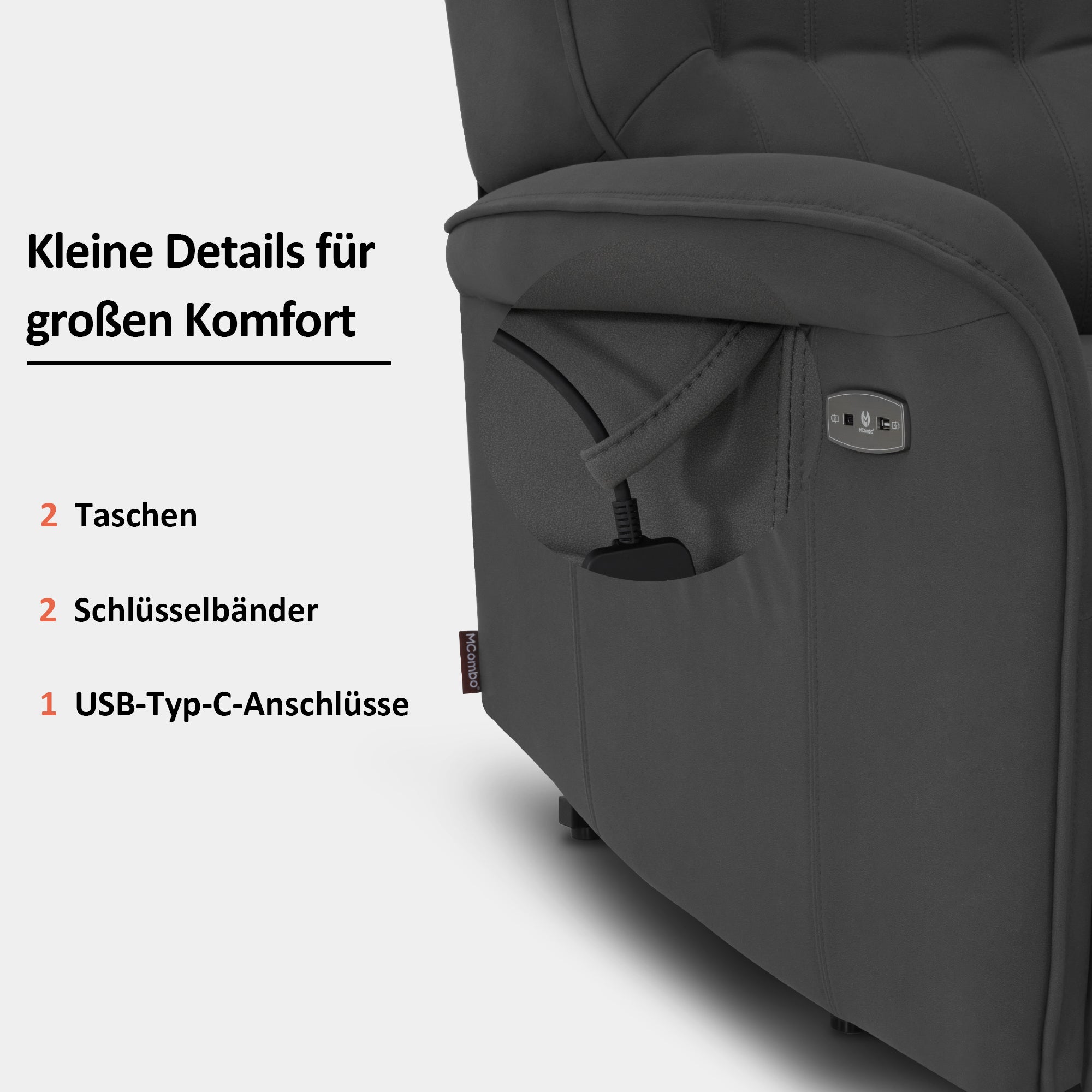 MCombo Poltrona TV elettrica reclinabile con sollevamento assistito, 2 motori, massaggio e riscaldamento, poltrona reclinabile con funzione di sdraiamento fino a 160°, cuscino di seduta in schiuma 7584 (microfibra, grigio)