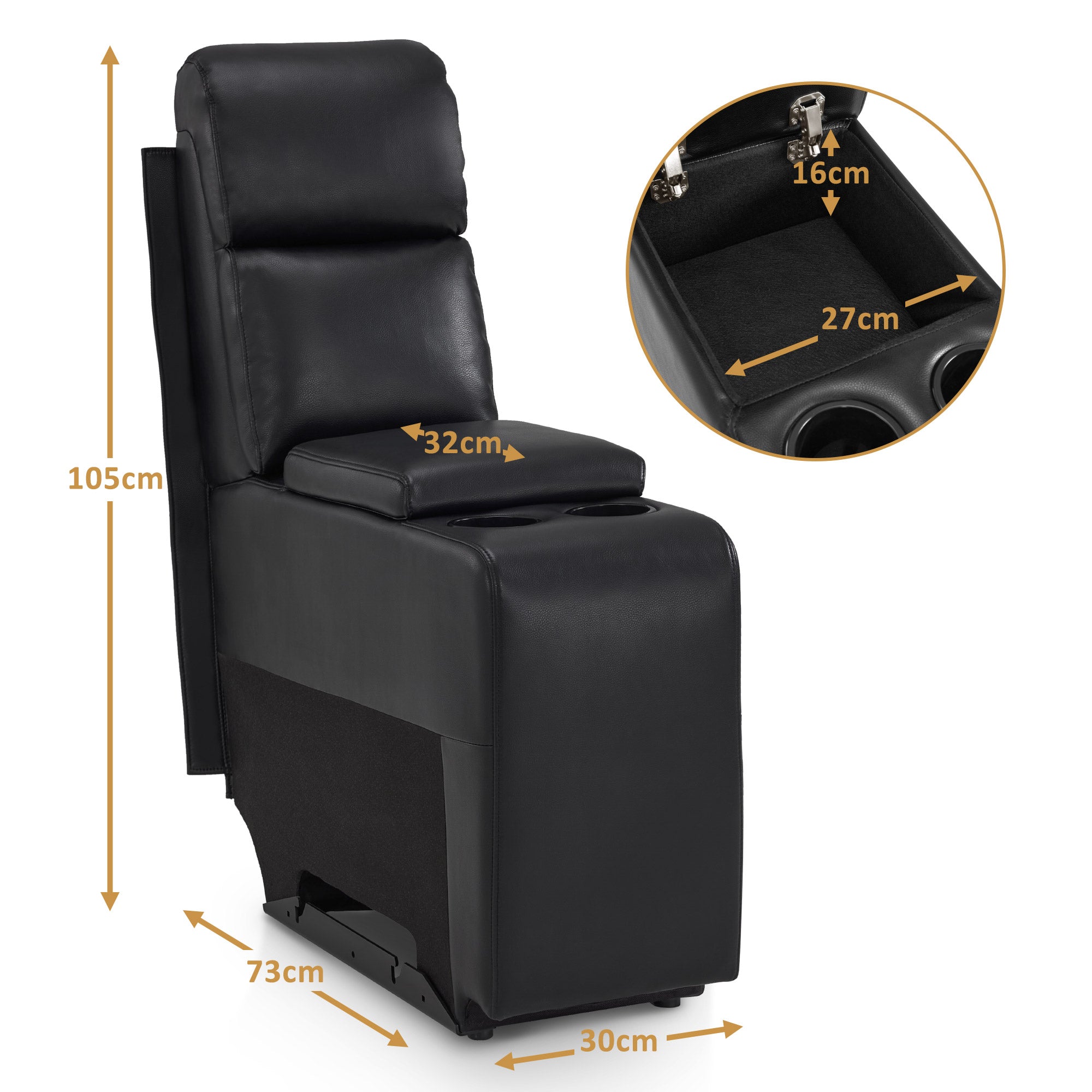 MCombo Consolle per poltrone da cinema a 2 posti 7705, con vano portaoggetti e portabicchieri, accessorio per divano, ricambio per poltrona TV 7705CA (similpelle, nera)