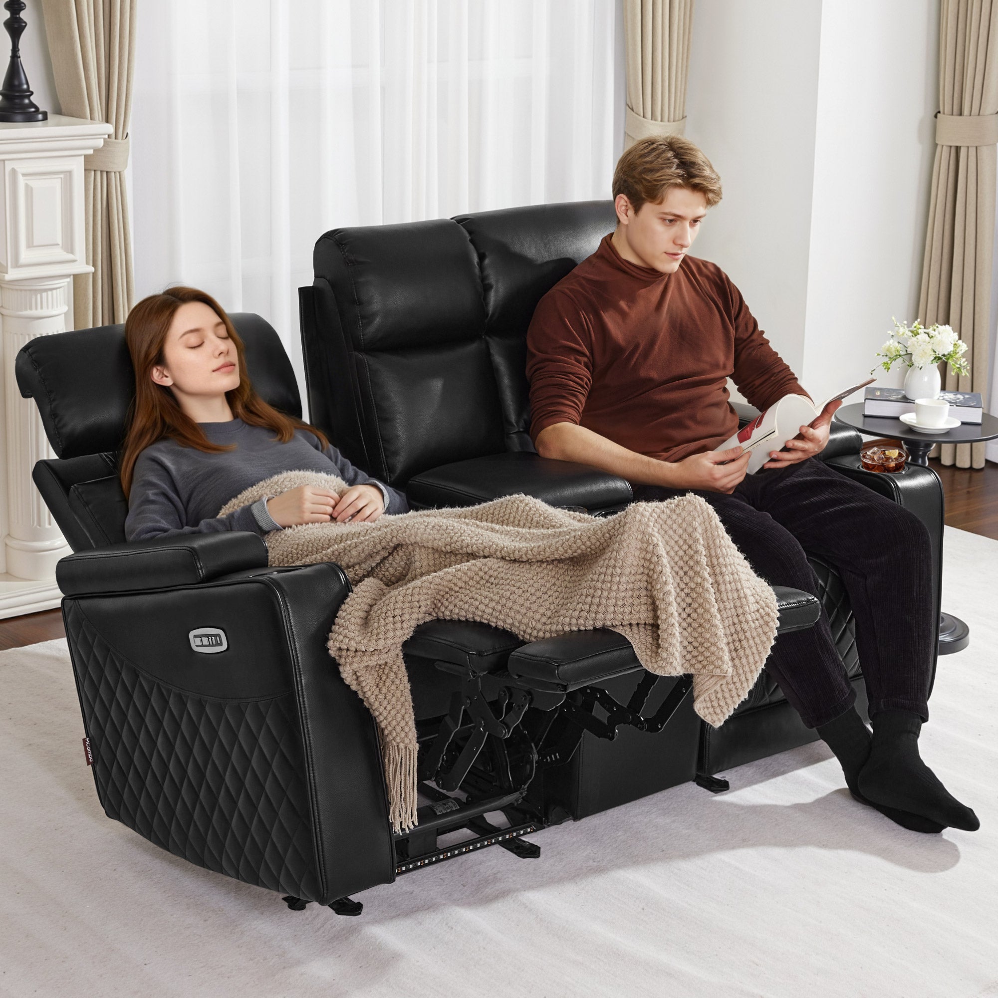 M MCombo Poltrona TV reclinabile elettrica (disponibile in versione a 1, 2 o 3 posti), poltrona cinema "Zero-Gravity" con luci LED, poggiatesta regolabile e cuscino di seduta in schiuma ad alta densità (35D) – Modelli 7759/7705 (Nero)
