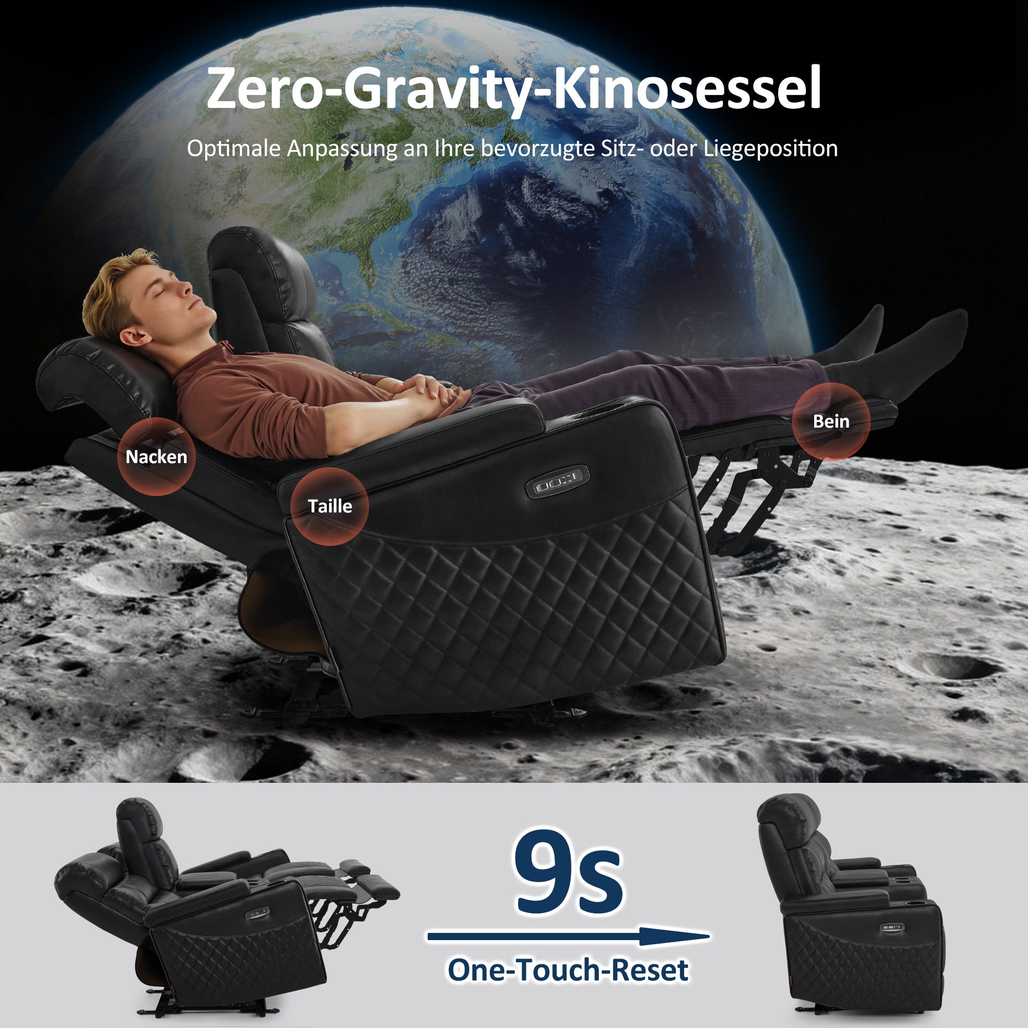 M MCombo Poltrona TV reclinabile elettrica (disponibile in versione a 1, 2 o 3 posti), poltrona cinema "Zero-Gravity" con luci LED, poggiatesta regolabile e cuscino di seduta in schiuma ad alta densità (35D) – Modelli 7759/7705 (Nero)