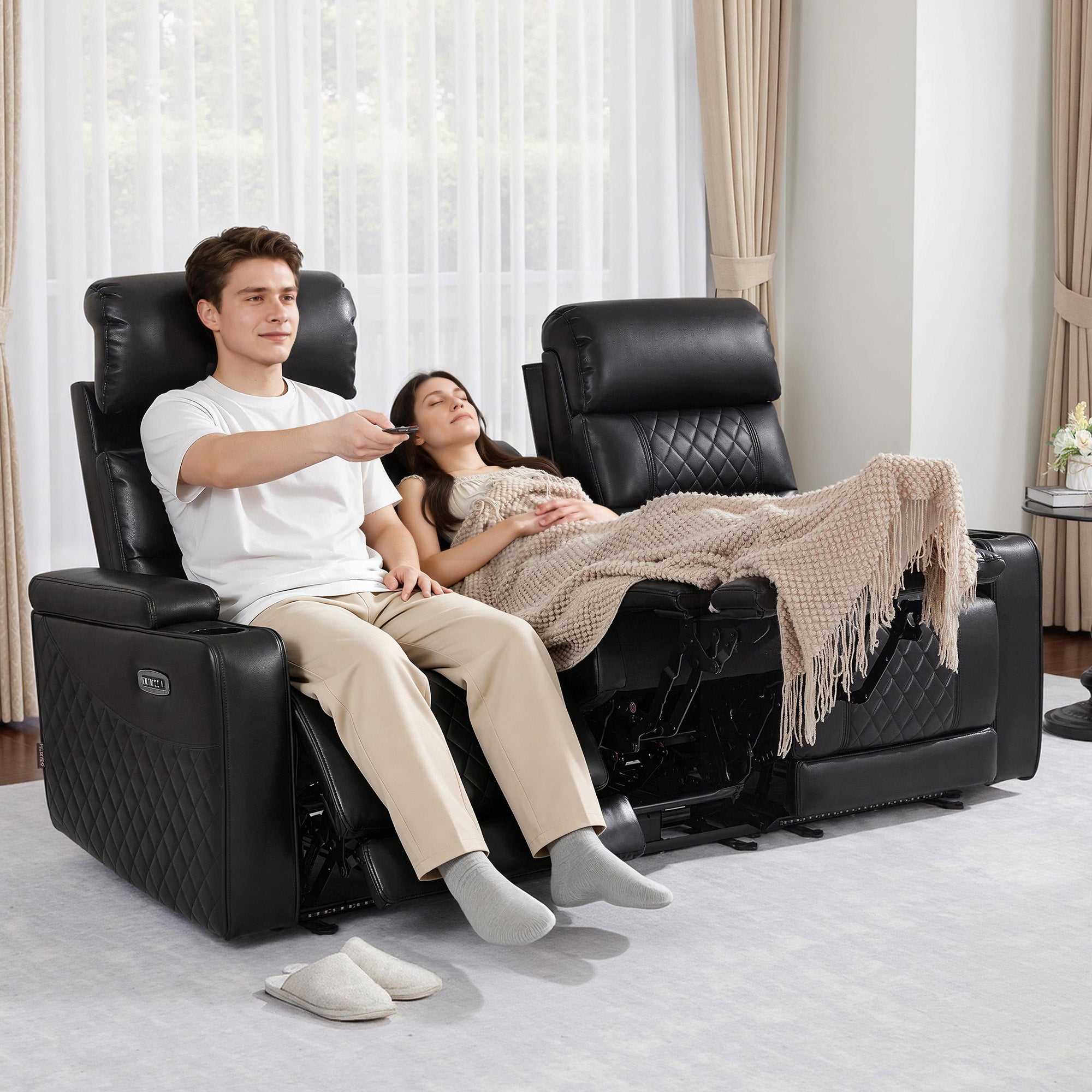 M MCombo Poltrona TV reclinabile elettrica (disponibile in versione a 1, 2 o 3 posti), poltrona cinema "Zero-Gravity" con luci LED, poggiatesta regolabile e cuscino di seduta in schiuma ad alta densità (35D) – Modelli 7759/7705 (Nero)