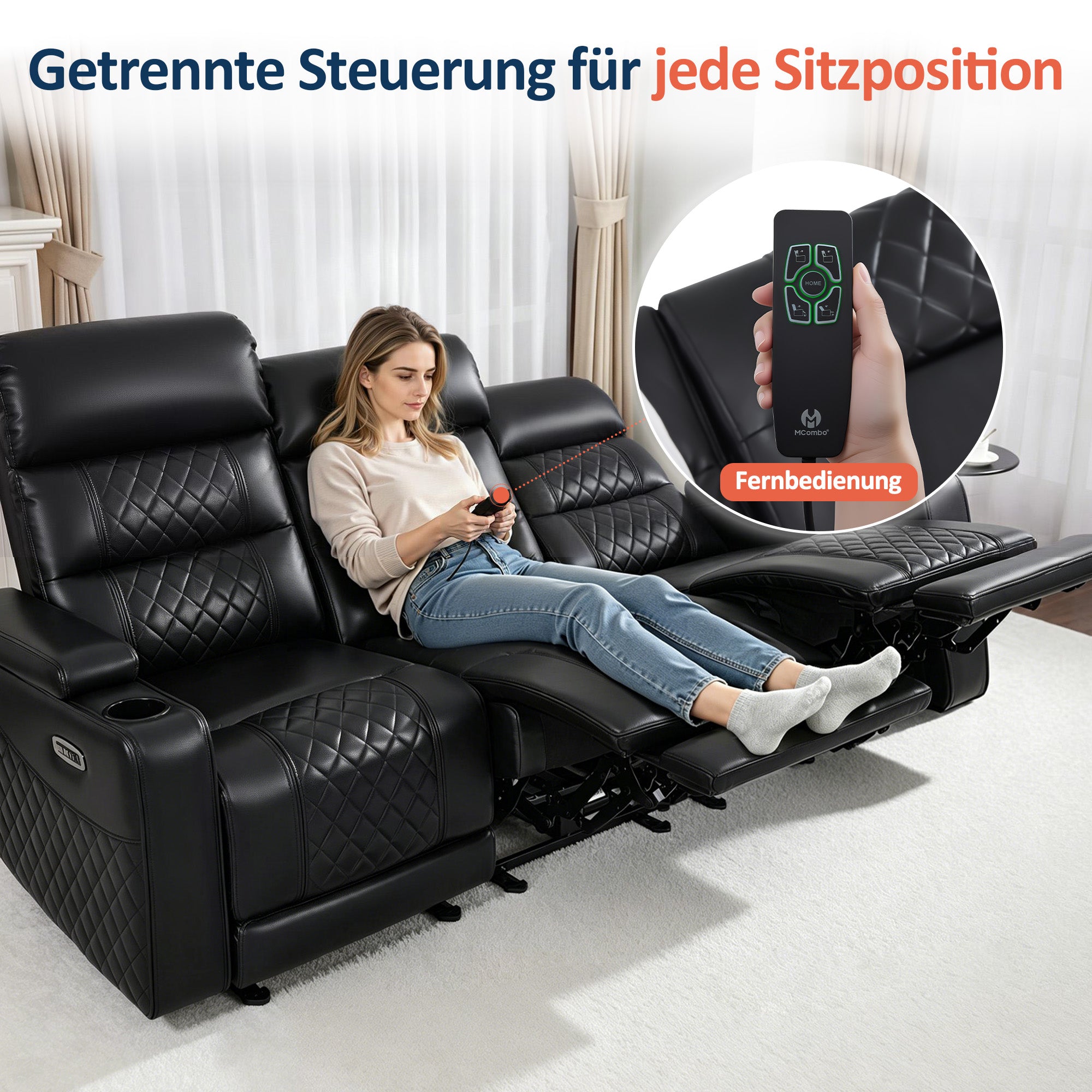 M MCombo Poltrona TV reclinabile elettrica (disponibile in versione a 1, 2 o 3 posti), poltrona cinema "Zero-Gravity" con luci LED, poggiatesta regolabile e cuscino di seduta in schiuma ad alta densità (35D) – Modelli 7759/7705 (Nero)