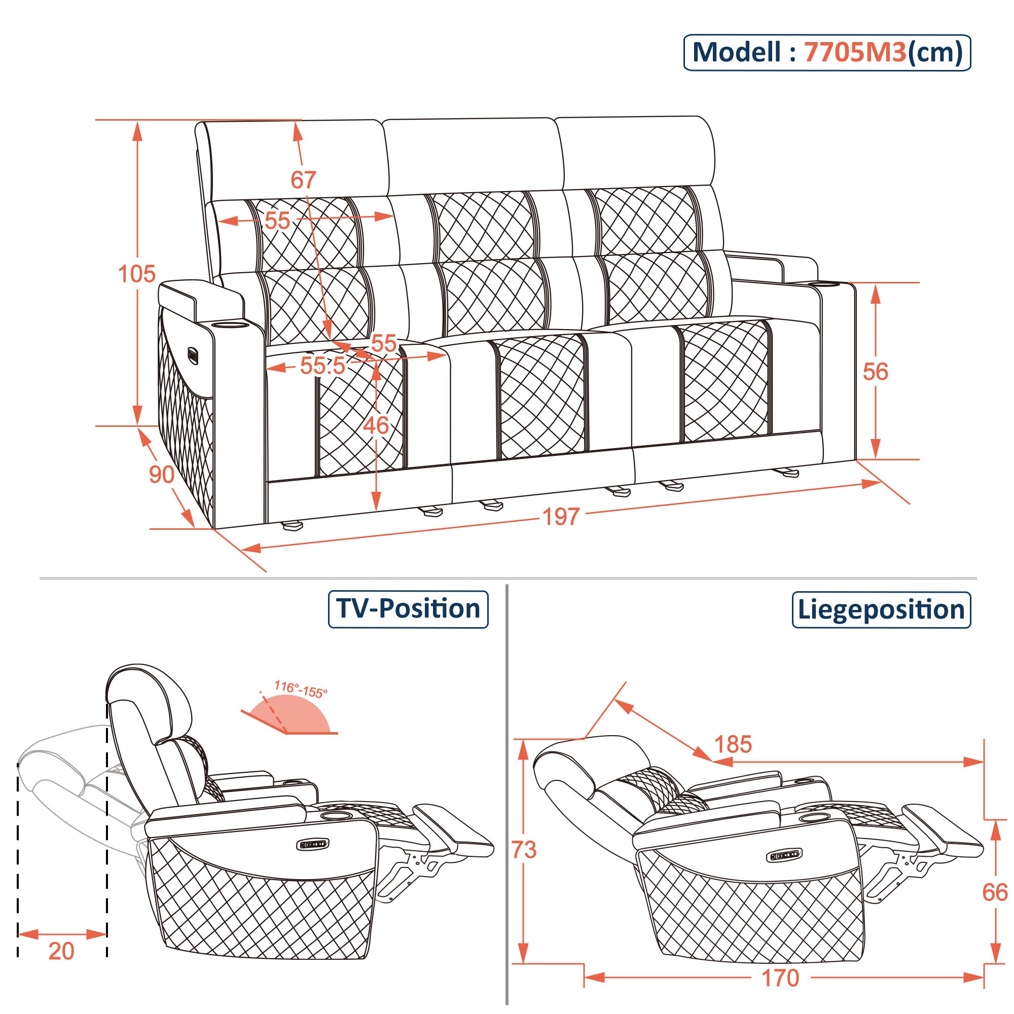 M MCombo Poltrona TV reclinabile elettrica (disponibile in versione a 1, 2 o 3 posti), poltrona cinema "Zero-Gravity" con luci LED, poggiatesta regolabile e cuscino di seduta in schiuma ad alta densità (35D) – Modelli 7759/7705 (Nero)