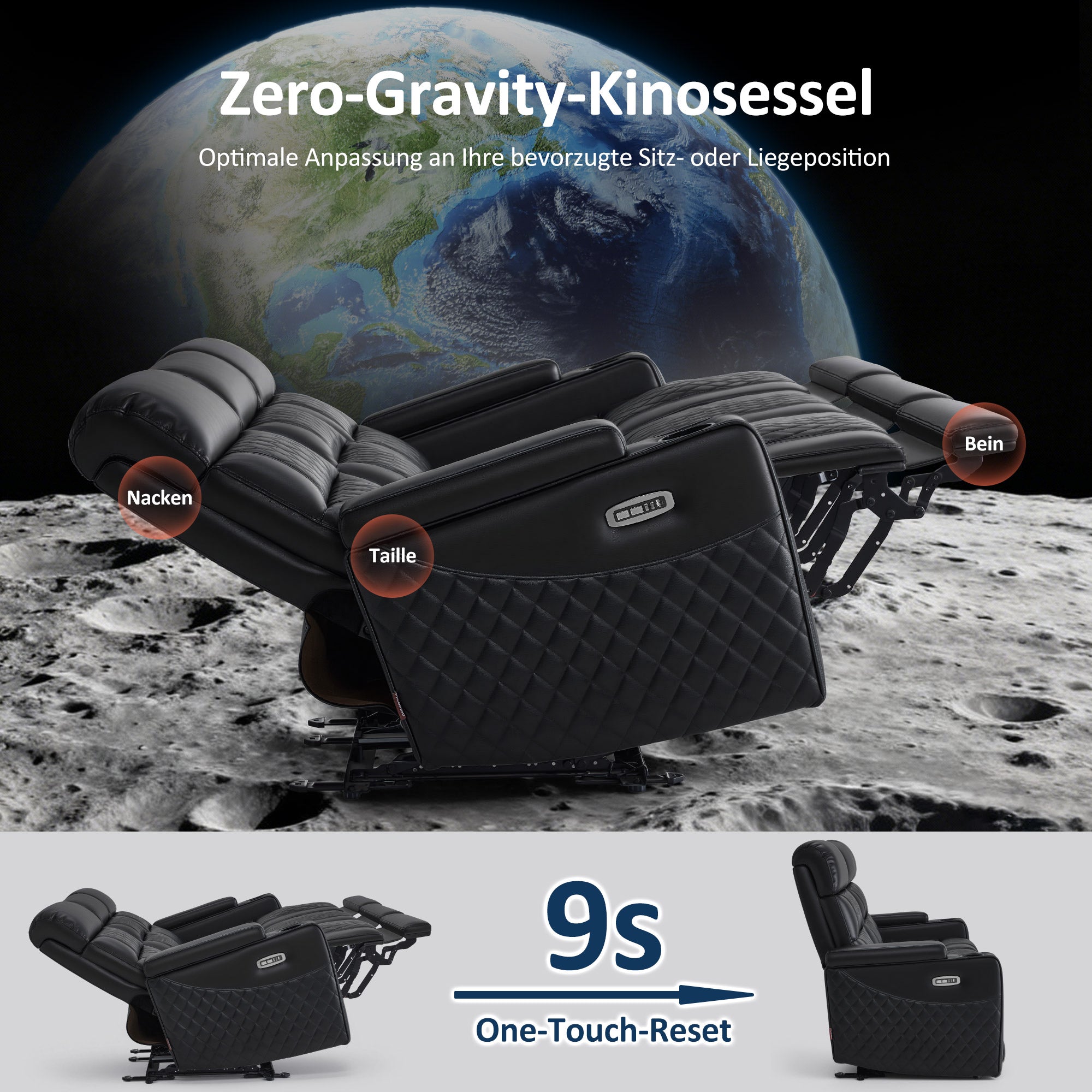 M MCombo Poltrona TV reclinabile elettrica (disponibile in versione a 1, 2 o 3 posti), poltrona cinema "Zero-Gravity" con luci LED, poggiatesta regolabile e cuscino di seduta in schiuma ad alta densità (35D) – Modelli 7759/7705 (Nero)