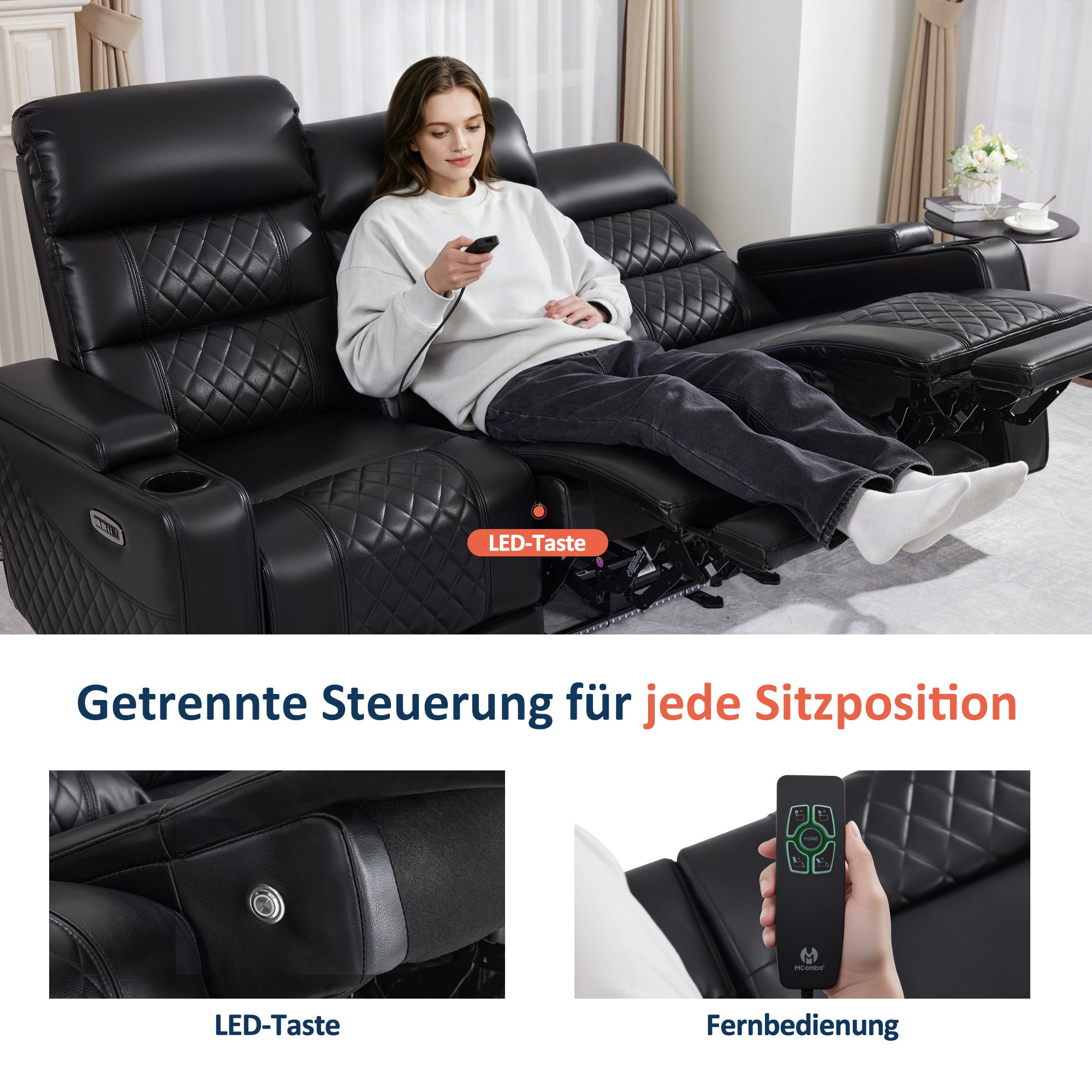 MCombo 1-Seater/2-Seater/3-Seater Electric Recliner Chair, Zero Gravity Cinema Seat with LED, Adjustable Headrest, 35D Full Foam Seat Cushion 7759/7705 (Black)