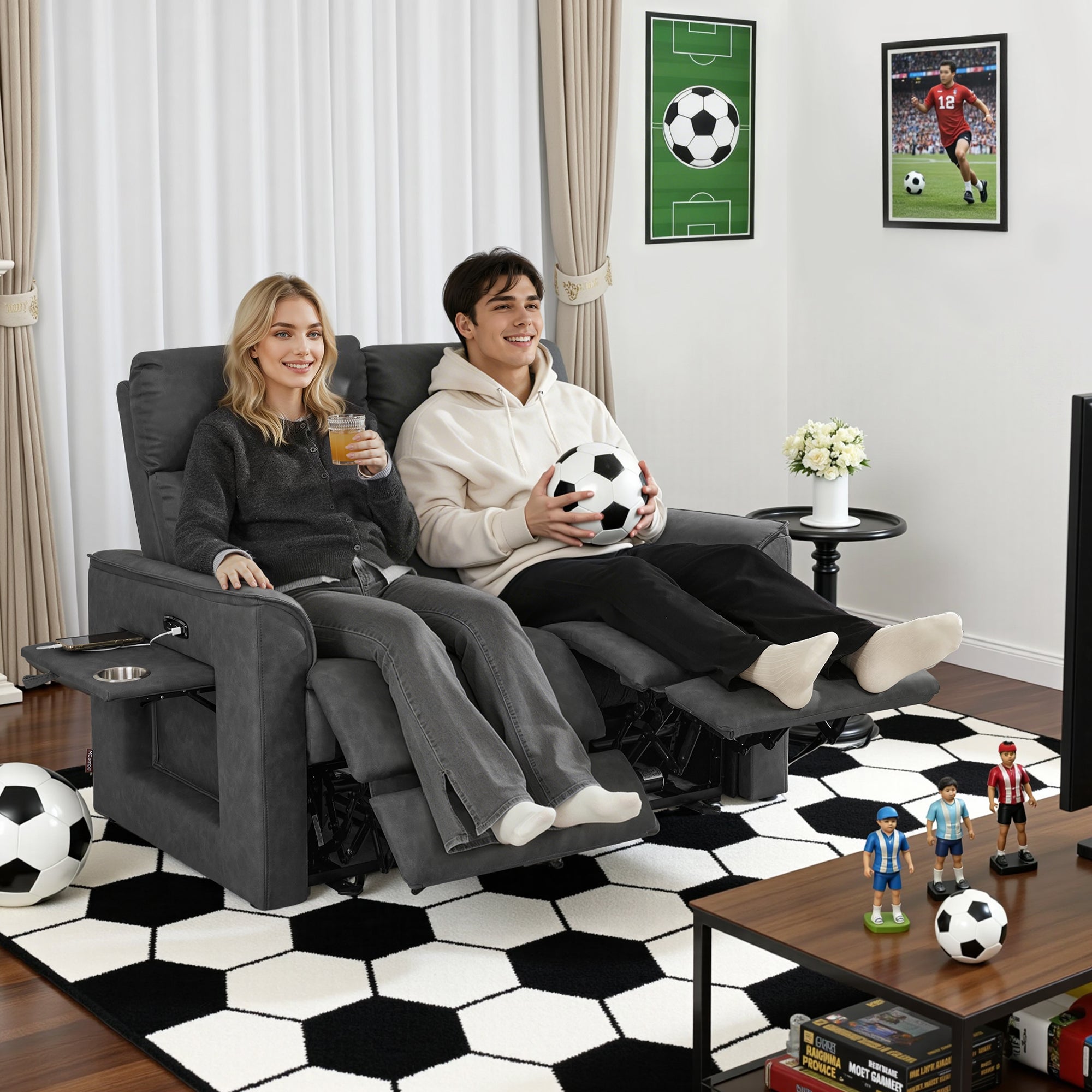 MCombo Divano elettrico reclinabile a 2 posti – Divano stile cinema con inclinazione a 155° (posizione "Zero-Gravity"), tavolino laterale a scomparsa e funzione riposo; cuscini di seduta in schiuma ad alta densità (35D) – 7719M1 (Grigio scuro)