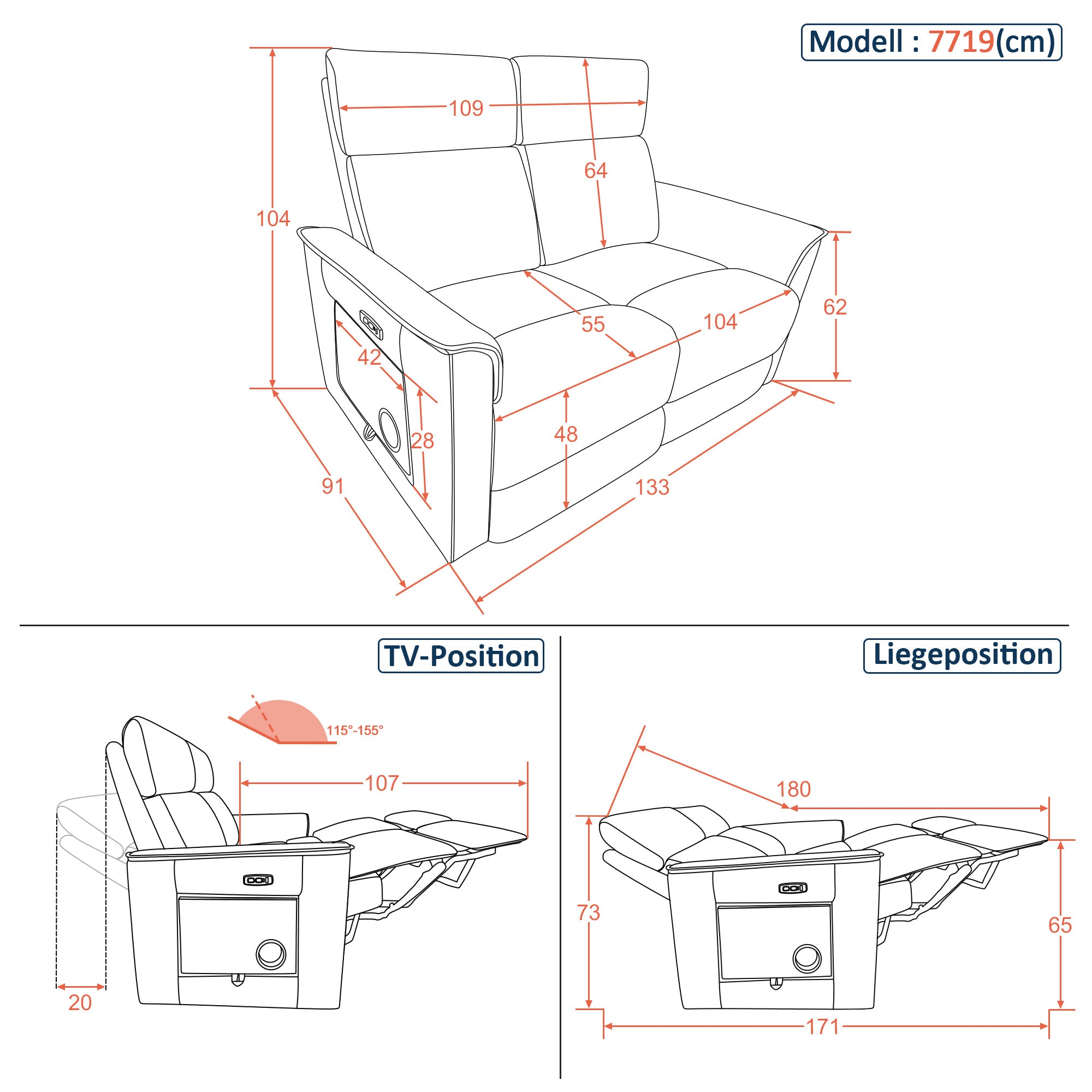 MCombo Divano elettrico reclinabile a 2 posti – Divano stile cinema con inclinazione a 155° (posizione "Zero-Gravity"), tavolino laterale a scomparsa e funzione riposo; cuscini di seduta in schiuma ad alta densità (35D) – 7719M1 (Grigio scuro)