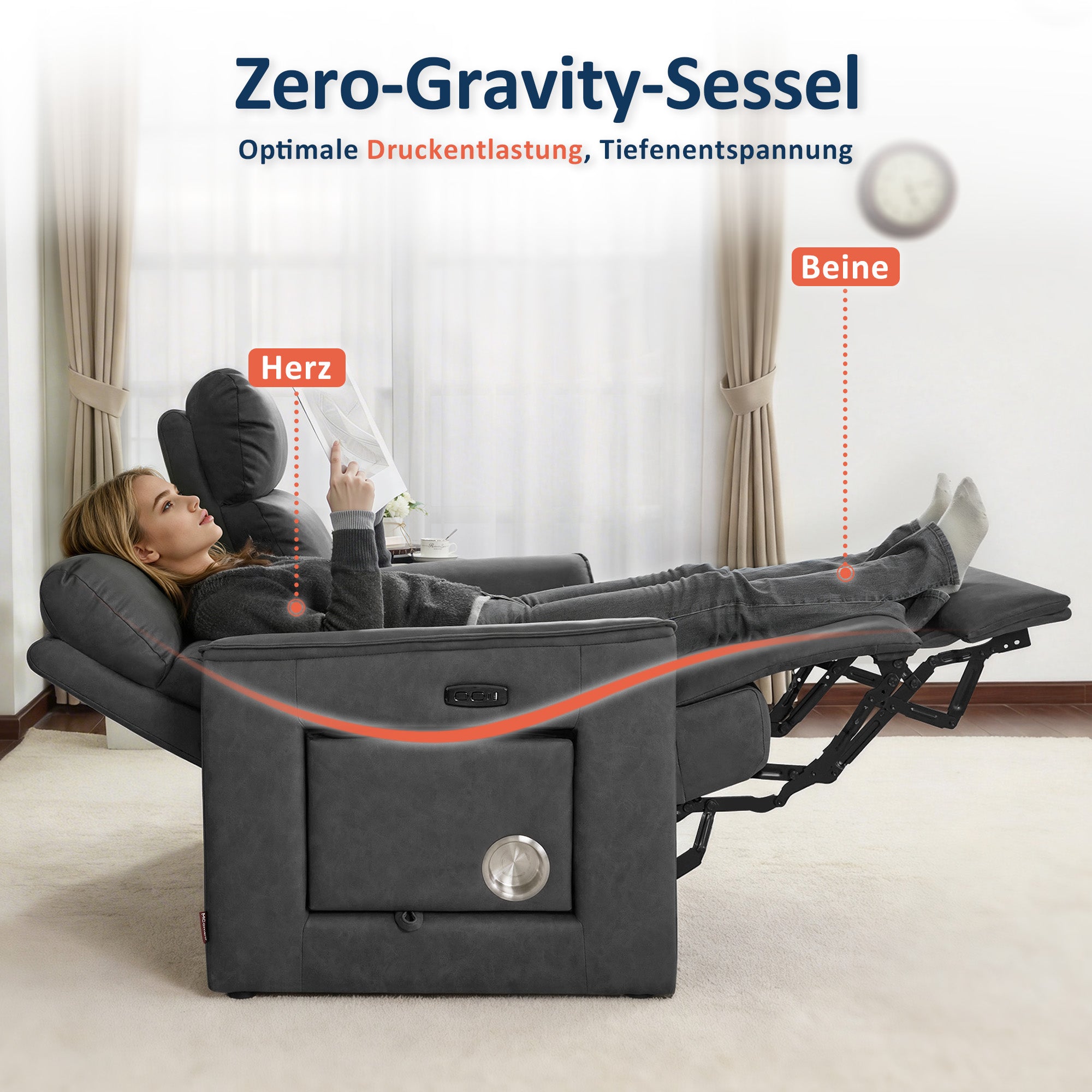 MCombo Divano elettrico reclinabile a 2 posti – Divano stile cinema con inclinazione a 155° (posizione "Zero-Gravity"), tavolino laterale a scomparsa e funzione riposo; cuscini di seduta in schiuma ad alta densità (35D) – 7719M1 (Grigio scuro)