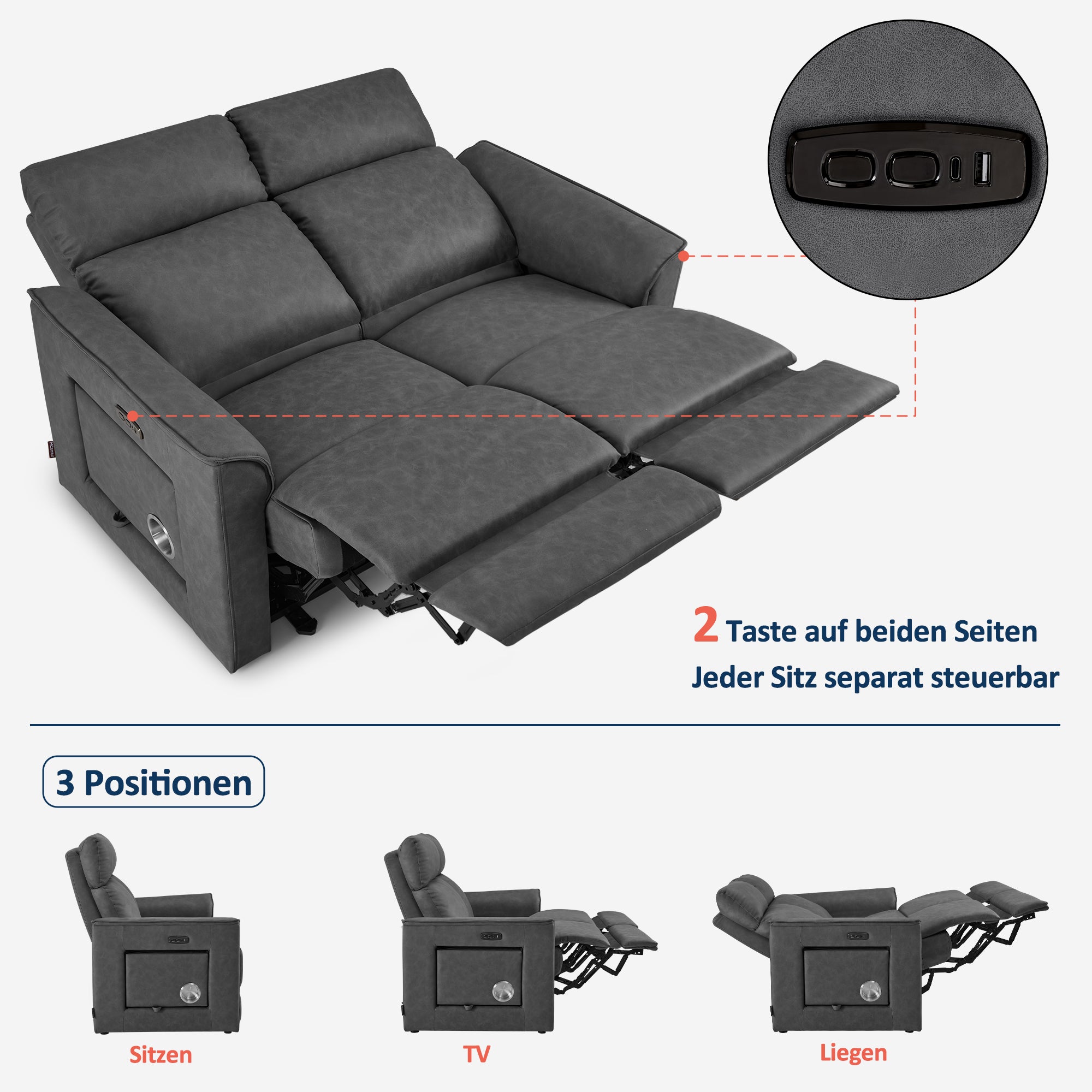 MCombo Divano elettrico reclinabile a 2 posti – Divano stile cinema con inclinazione a 155° (posizione "Zero-Gravity"), tavolino laterale a scomparsa e funzione riposo; cuscini di seduta in schiuma ad alta densità (35D) – 7719M1 (Grigio scuro)