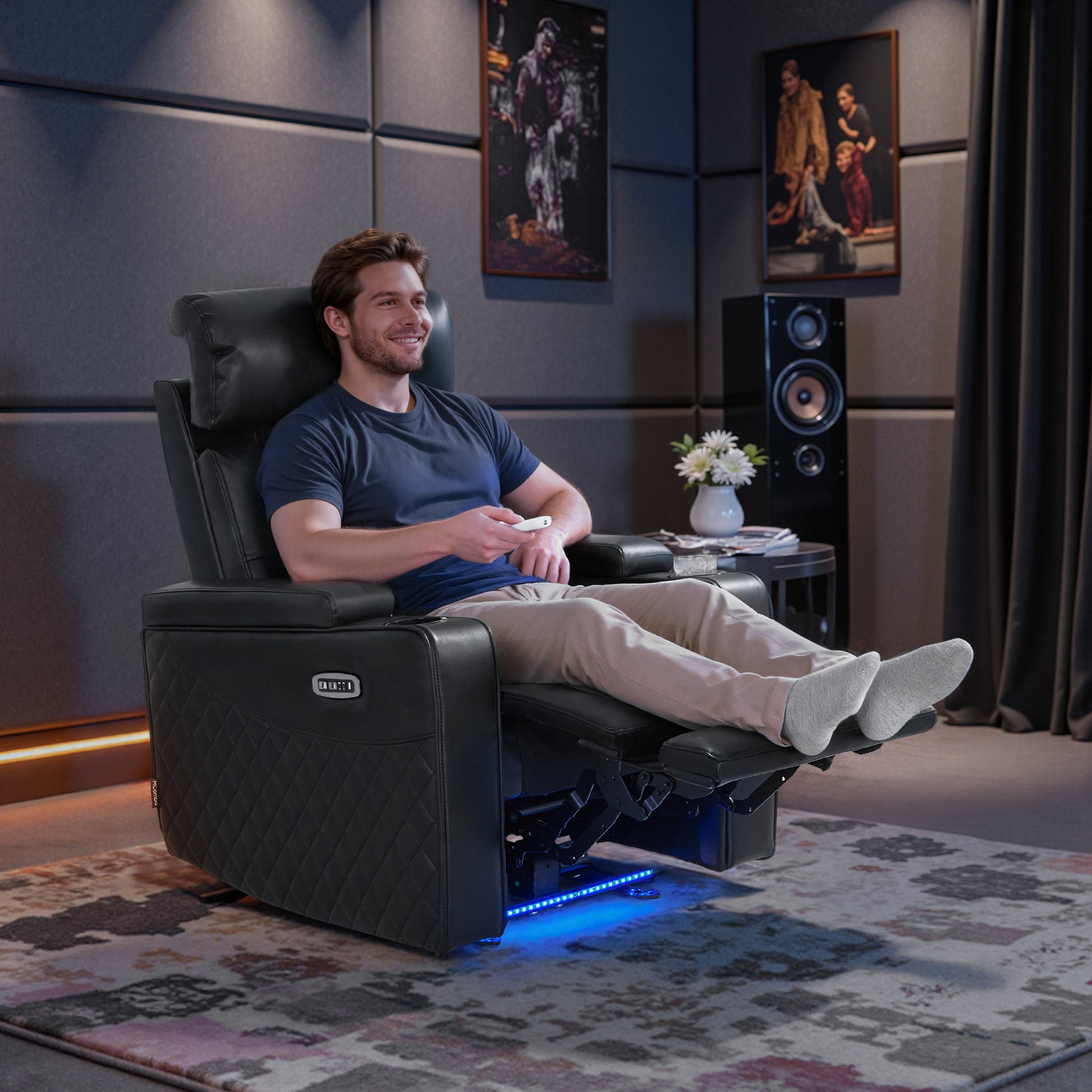 M MCombo Poltrona TV reclinabile elettrica (disponibile in versione a 1, 2 o 3 posti), poltrona cinema "Zero-Gravity" con luci LED, poggiatesta regolabile e cuscino di seduta in schiuma ad alta densità (35D) – Modelli 7759/7705 (Nero)