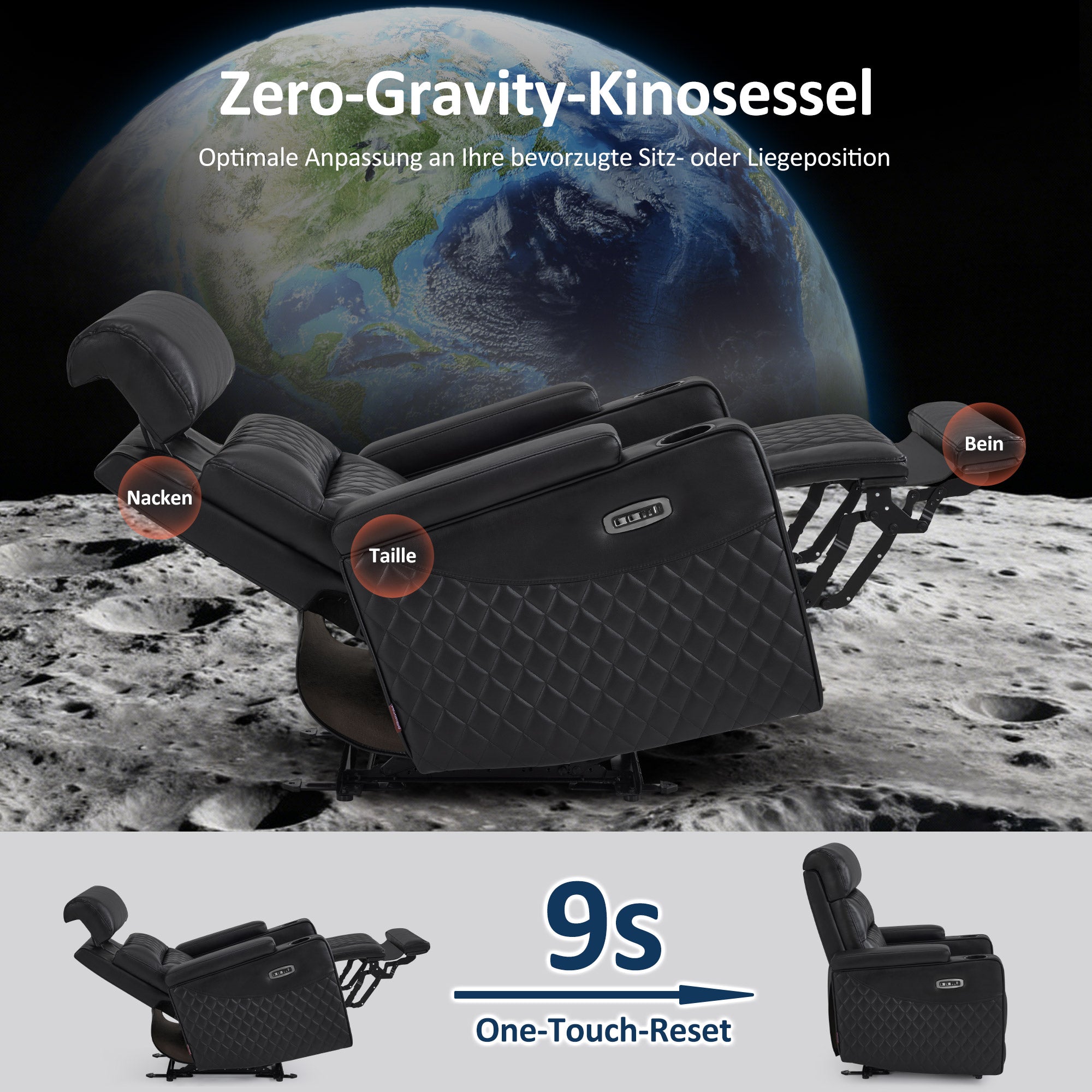 M MCombo Poltrona TV reclinabile elettrica (disponibile in versione a 1, 2 o 3 posti), poltrona cinema "Zero-Gravity" con luci LED, poggiatesta regolabile e cuscino di seduta in schiuma ad alta densità (35D) – Modelli 7759/7705 (Nero)